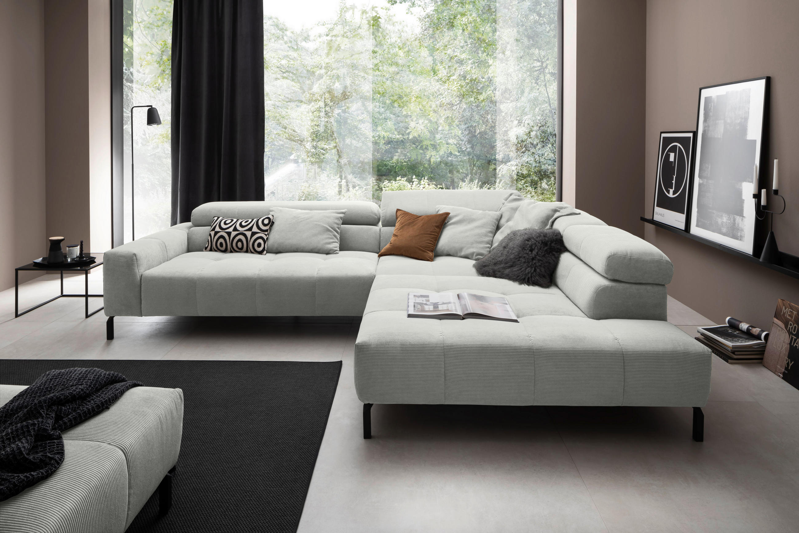 ECKSOFA Hellgrau Cord  - Hellgrau/Schwarz, KONVENTIONELL, Textil/Metall (311/219cm) - Hom`in
