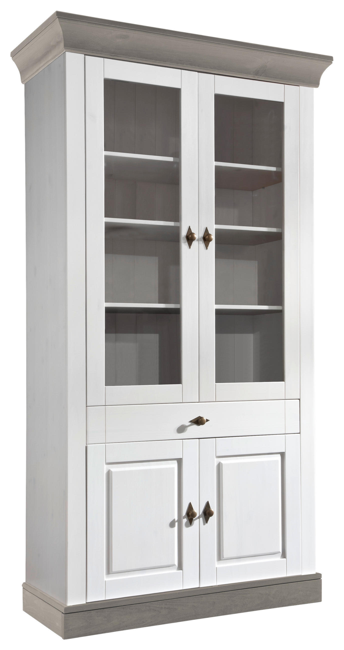 VITRINE in massiv Kiefer Grau, Weiß  - Weiß/Grau, ROMANTIK / LANDHAUS, Glas/Holz (108/202/45cm) - Boxxx