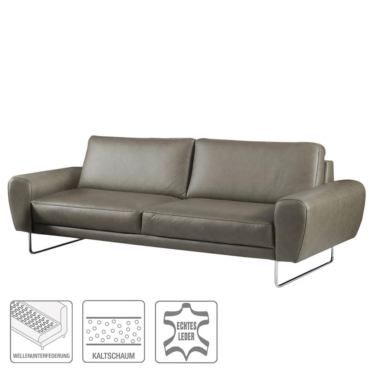3-SITZER-SOFA Echtleder Grau  - Chromfarben/Grau, Design, Leder/Metall (207/85/92cm) - Livetastic