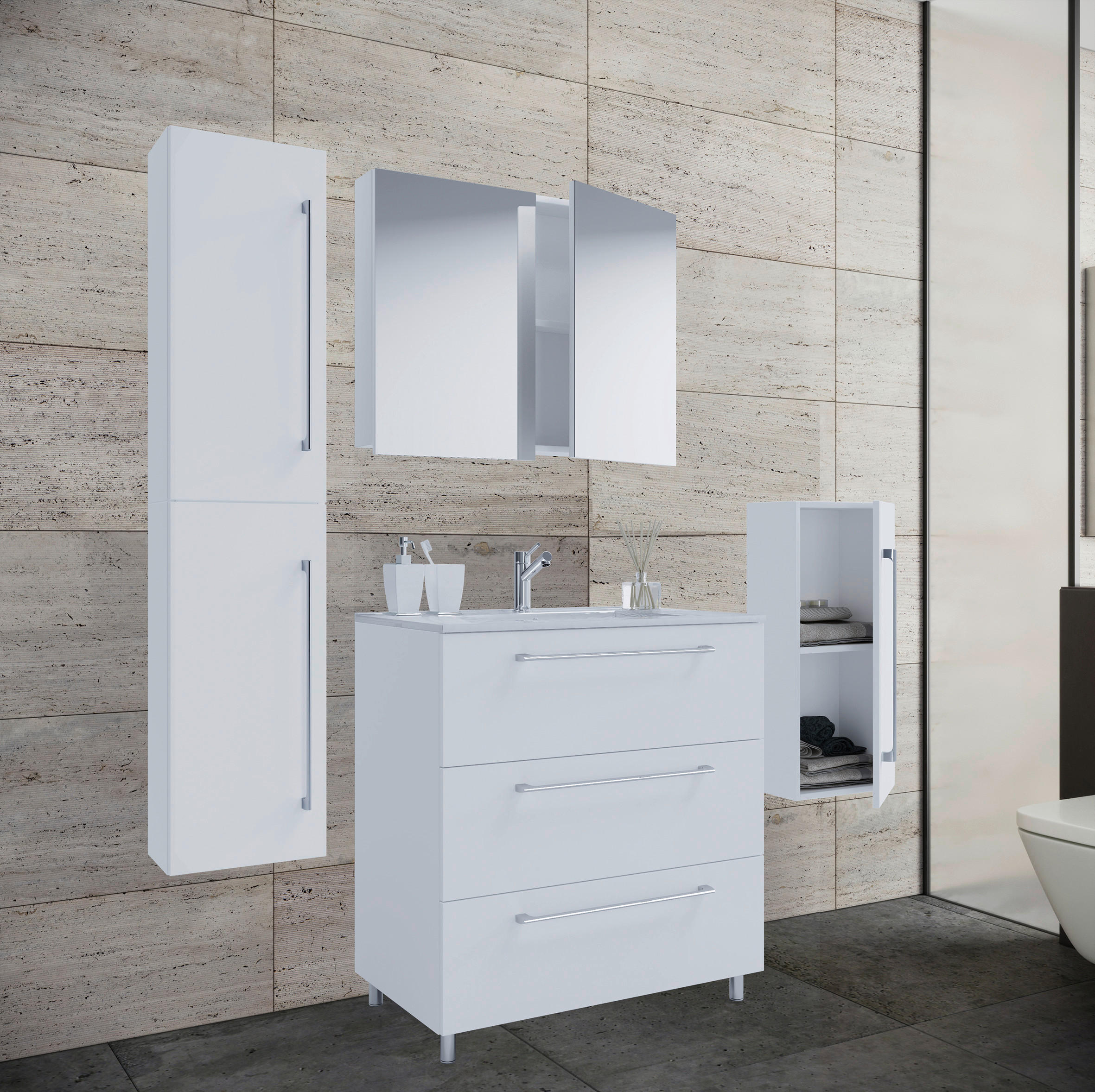 BADEZIMMER 5-teilig in 146 cm - Weiss/Alufarben, Modern, Keramik/Holzwerkstoff (146cm) - MID.YOU