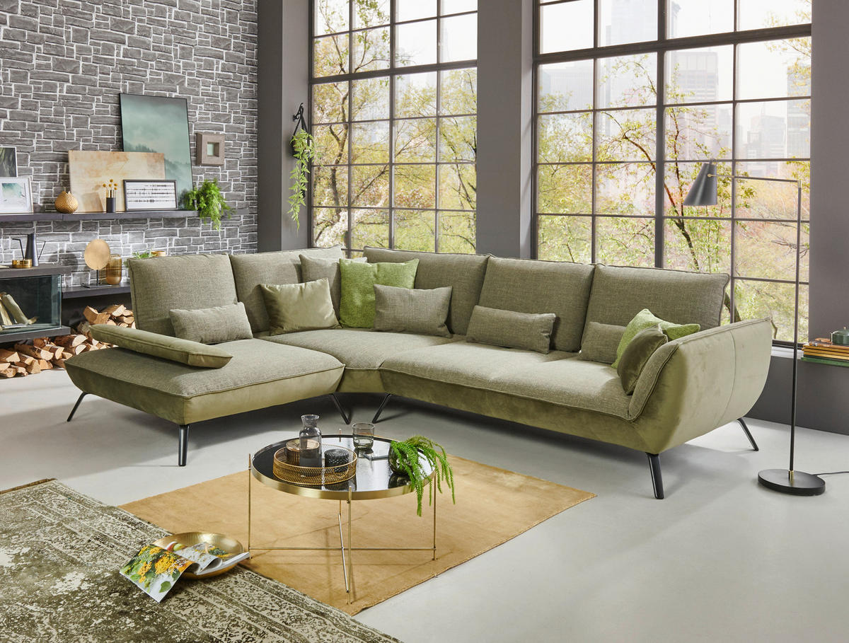 ECKSOFA Olivgrün Flachgewebe  - Schwarz/Olivgrün, Design, Textil/Metall (250/310cm) - Moderano