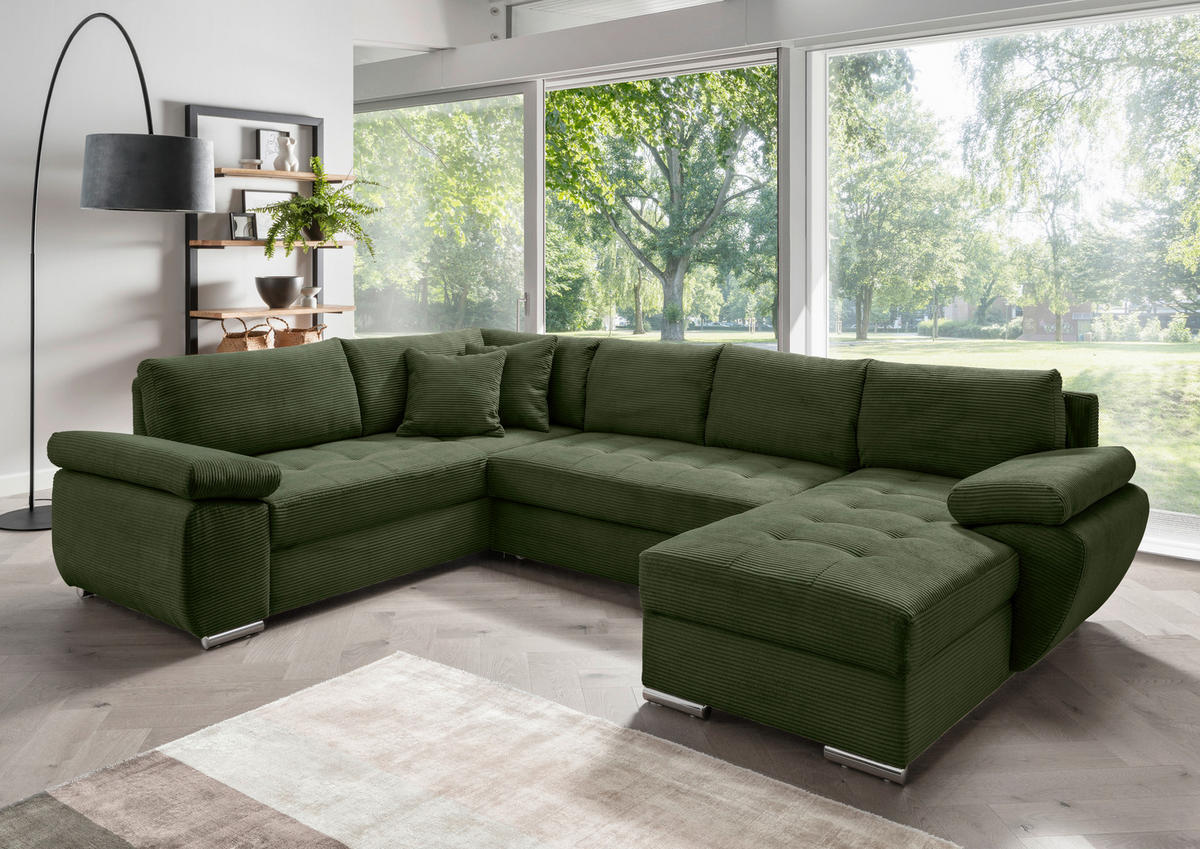Wohnlandschaft Dunkelgrün Cord  - Chromfarben/Dunkelgrün, KONVENTIONELL, Textil/Metall (219/305/157cm) - Livetastic