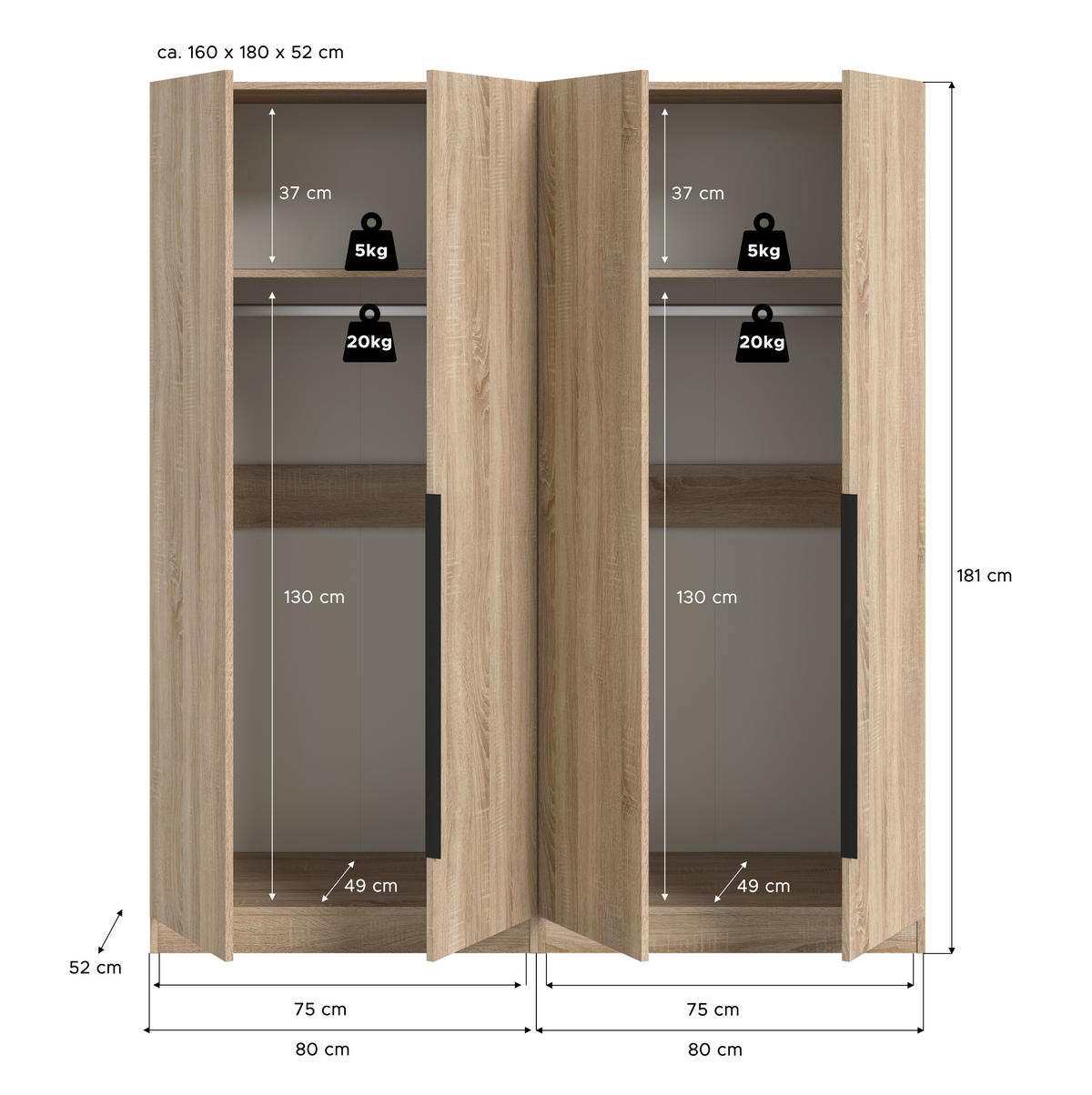 DREHTÜRENSCHRANK 160/181/52 cm,  in Sonoma Eiche, 4-türig  - Schwarz/Sonoma Eiche, MODERN, Holzwerkstoff/Kunststoff (160/181/52cm) - MID.YOU