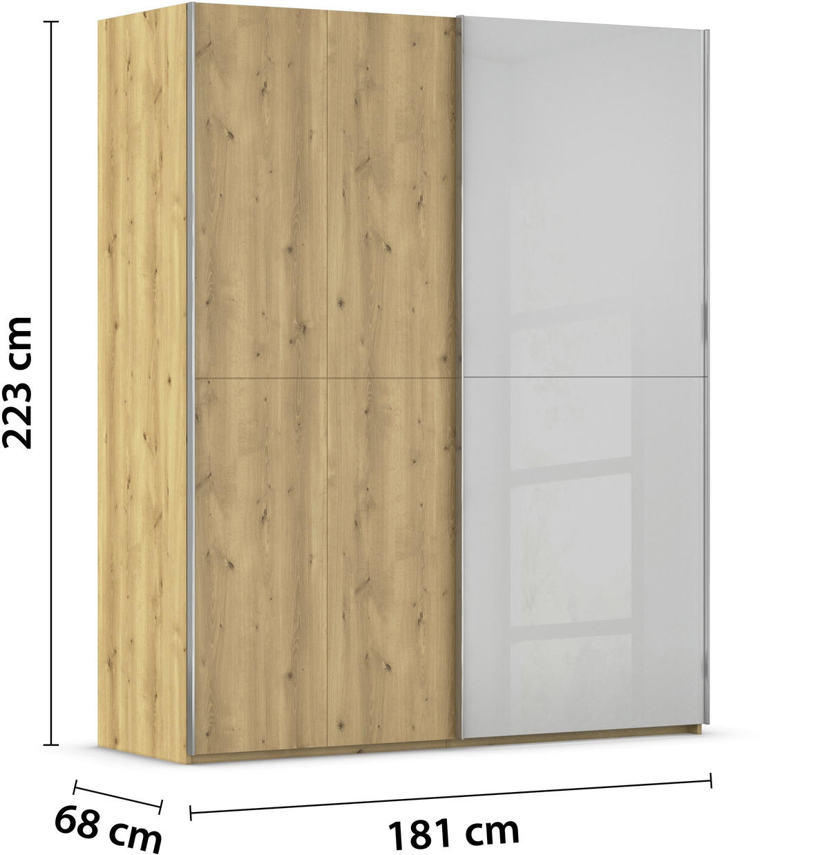 SCHWEBETÜRENSCHRANK 180/223/68 cm 2-türig Eichefarben, Chromfarben, Hellgrau  - Chromfarben/Eichefarben, Design, Glas/Holz (180/223/68cm) - Novel