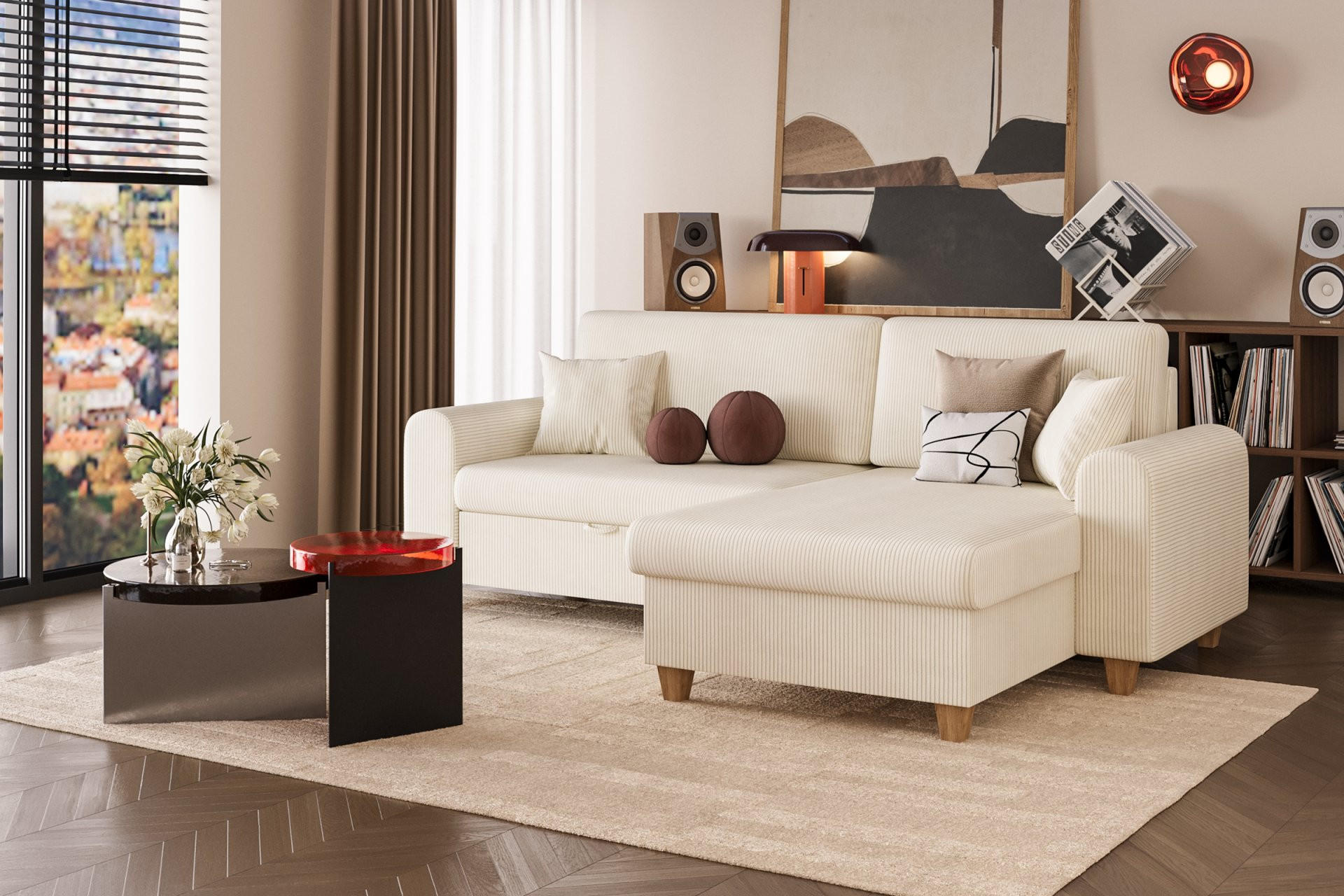 ECKSOFA CORD in Velours Beige  237/124 cm  - Beige/Buchefarben, Design, Holz/Holzwerkstoff (237/124cm) - MID.YOU