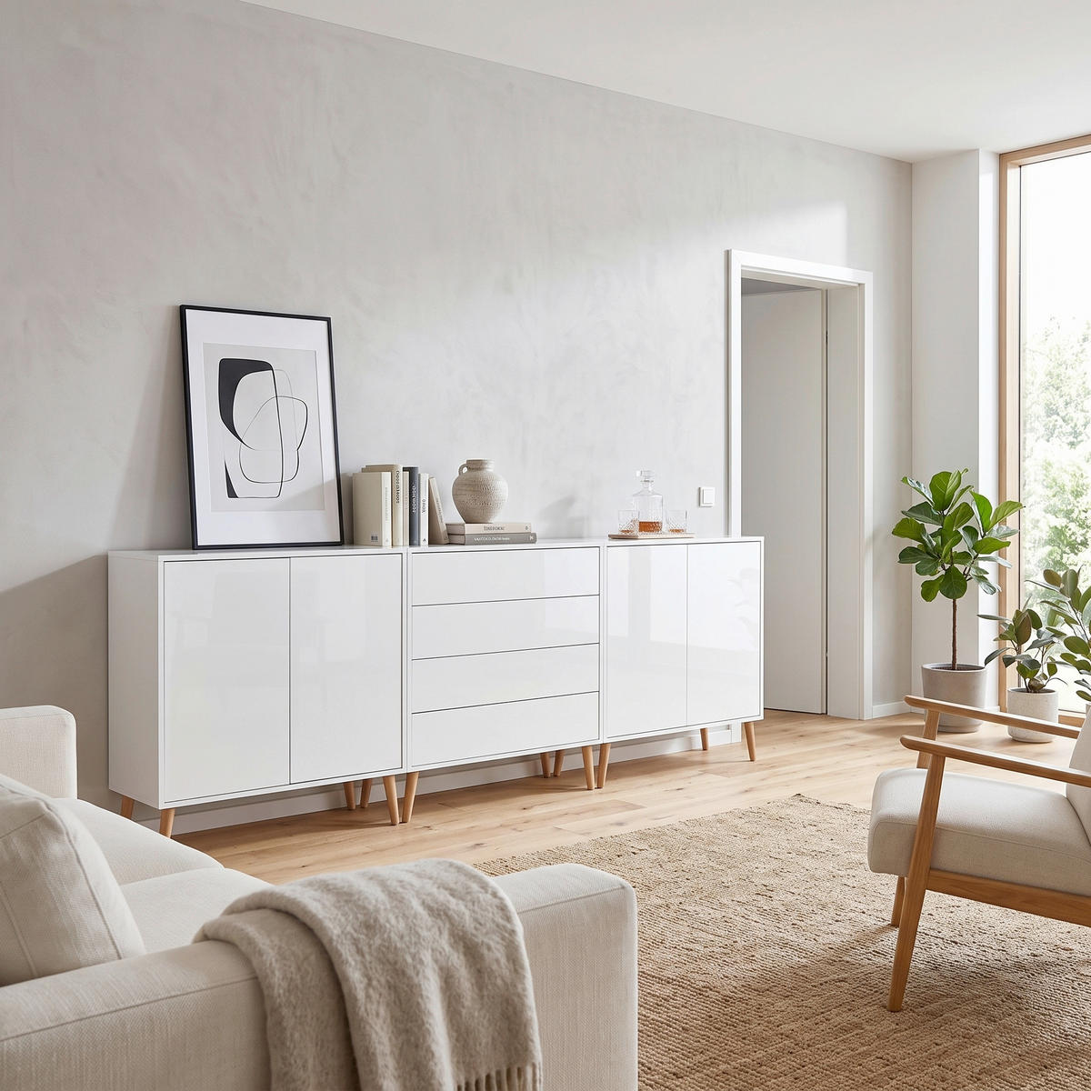 SIDEBOARD Mailand Set 5 + HF 237/86/33 cm 4 Schublade(n)  - Weiß Hochglanz/Weiß, MODERN, Holz/Holzwerkstoff (237/86/33cm) - MID.YOU