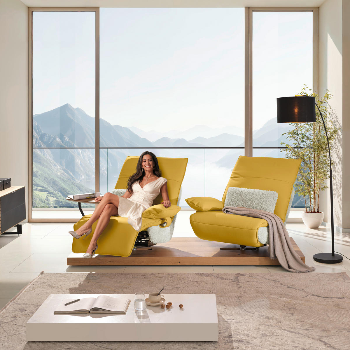 2-SITZER-SOFA  in Hochflor Echtleder Creme, Currygelb  - Currygelb/Creme, Design, Leder/Holz (240/65/104cm) - Koinor