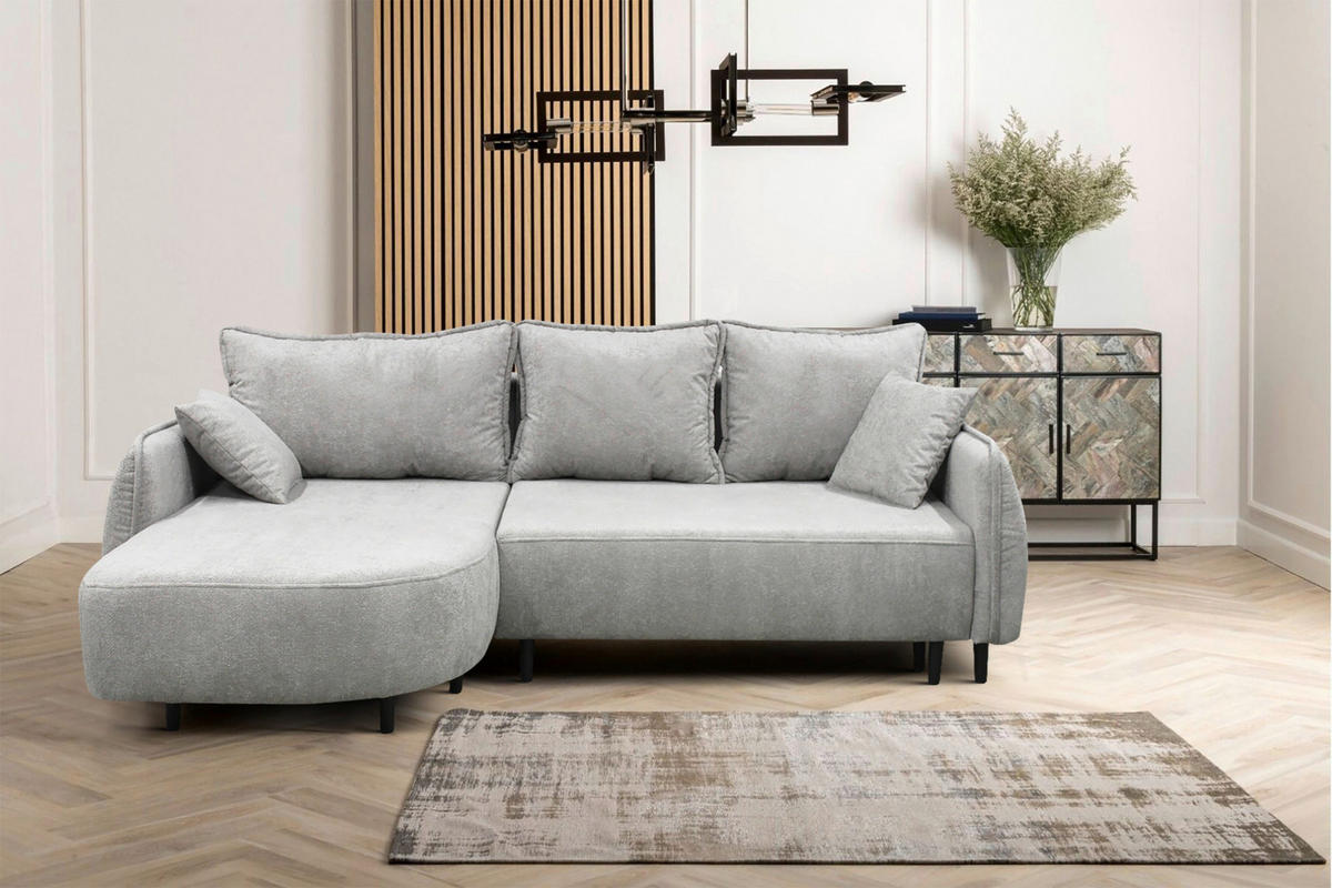 ECKSOFA MURANO Hellgrau Chenille Zierkissen, Rückenkissen, Bettkasten  - Hellgrau/Schwarz, Design, Holz/Textil (167/242cm) - MID.YOU