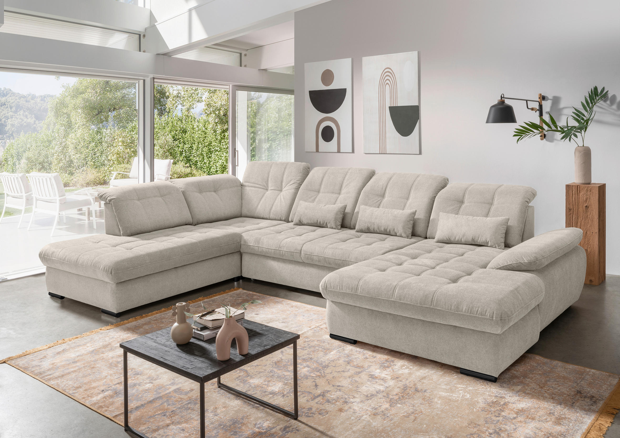 SALON PANORAMIQUE in Chenille Beige - beige/noir, Modern, textile/métal (252/387/184cm) - Livetastic