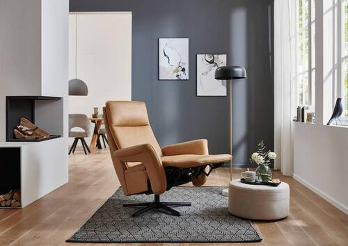 RELAXSESSEL Echtleder Relaxfunktion, Fußteilverstellung    - Schwarz/Honig, Design, Leder/Metall (83/112/87-174cm) - Valdera
