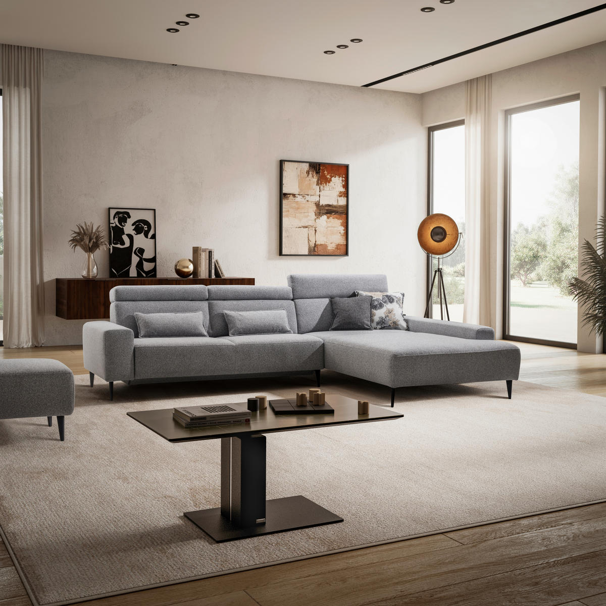 ECKSOFA  in Flachgewebe Grau Rücken echt, Kopfteilverstellung  308/205 cm  - Schwarz/Grau, Design, Textil/Metall (308/205cm) - Sedda