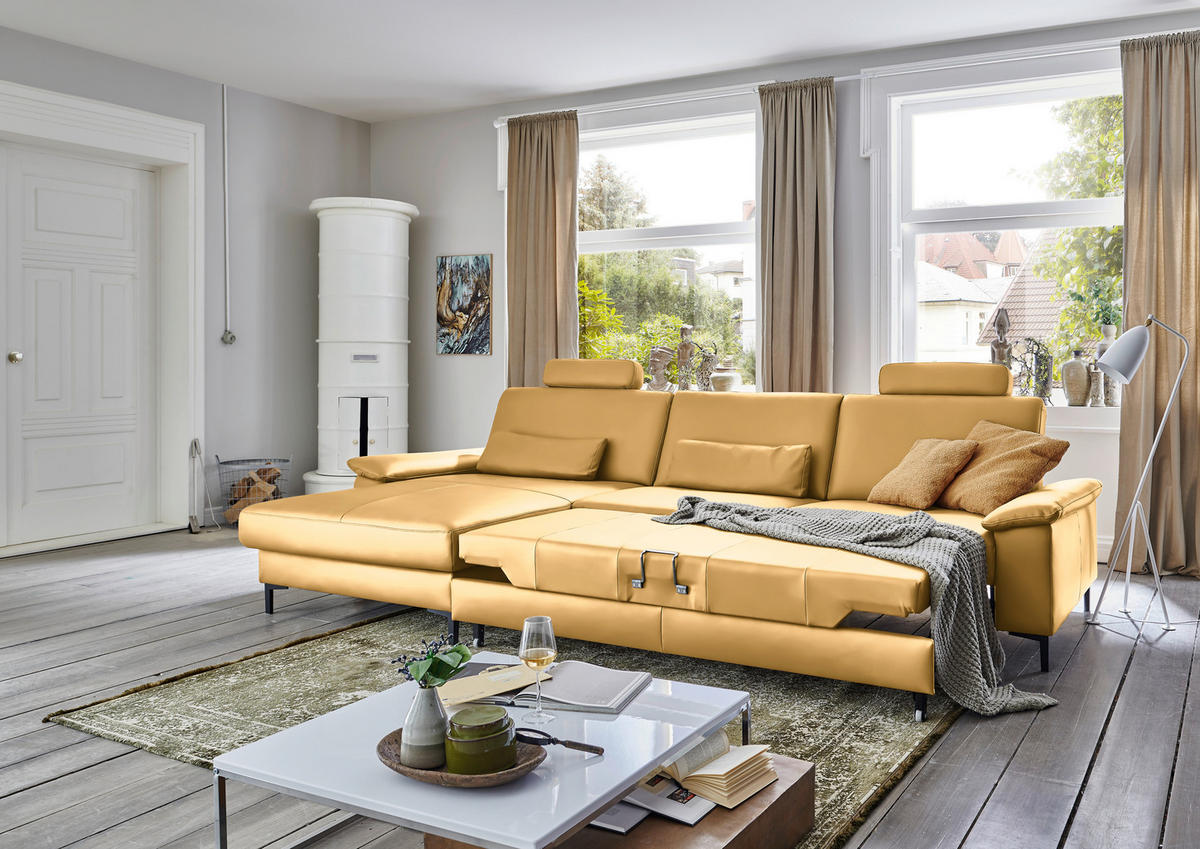 ECKSOFA in Echtleder Gelb  - Gelb/Schwarz, Design, Leder/Metall (176/334cm) - Dieter Knoll