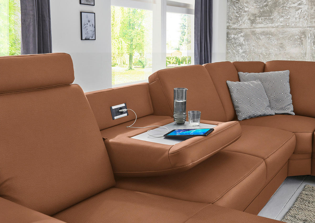 WOHNLANDSCHAFT Echtleder Cognac  - Cognac/Alufarben, Konventionell, Leder/Metall (165/329/239cm) - Beldomo Premium