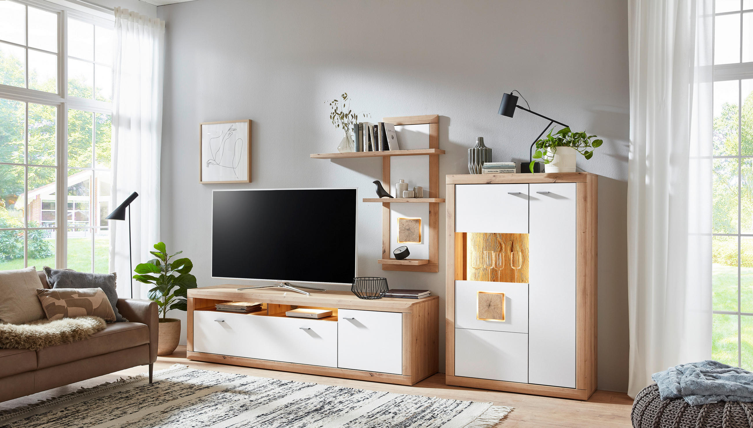 WOHNWAND  in Weiß, Eiche Artisan  295,4/190,9/50,1 cm  - Anthrazit/Weiß, KONVENTIONELL, Glas/Holzwerkstoff (295,4/190,9/50,1cm) - Stylife