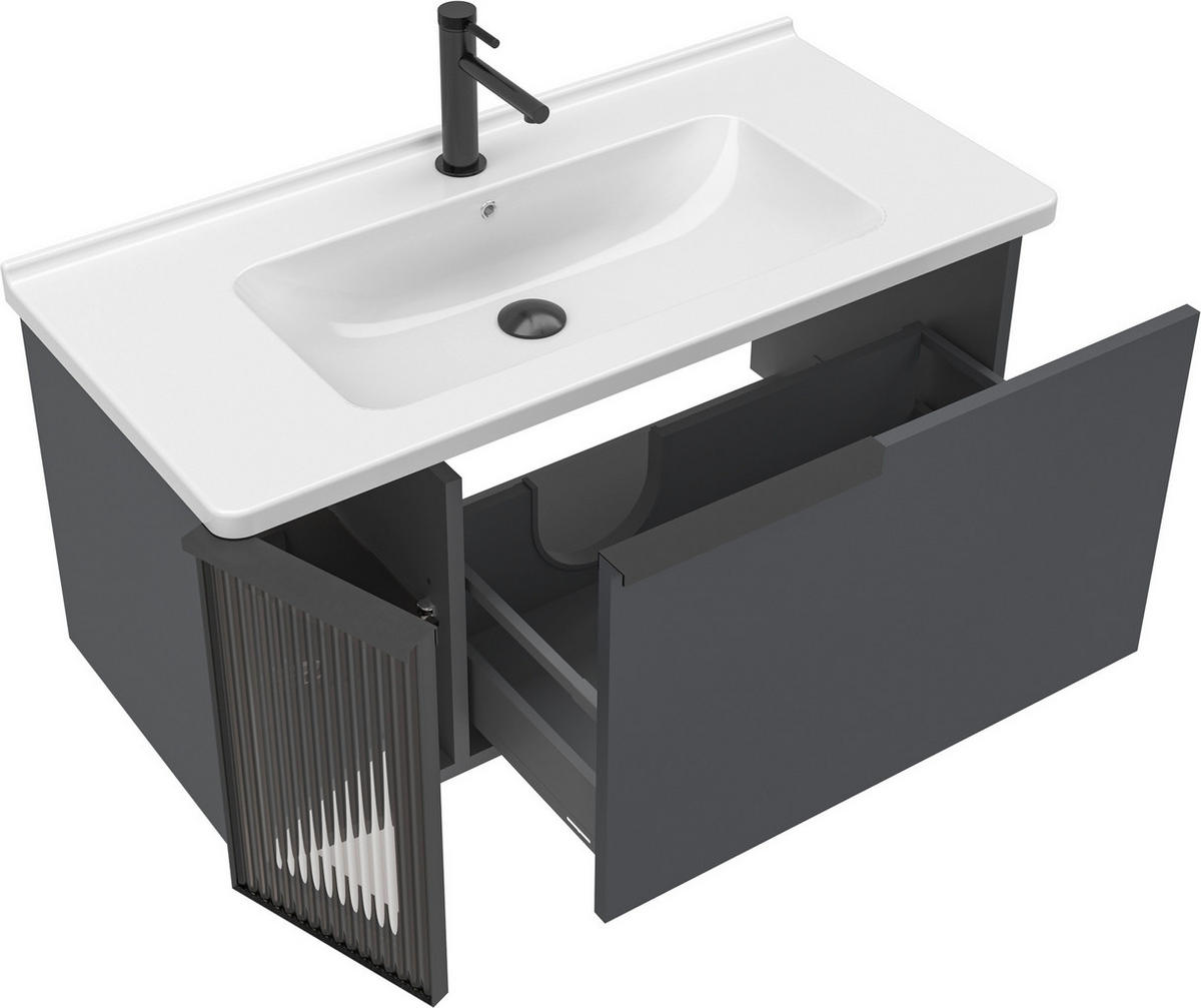 BADEZIMMER 3-teilig  in  - Weiß Hochglanz/Anthrazit, MODERN, Glas/Keramik (100/114/45cm) - MID.YOU