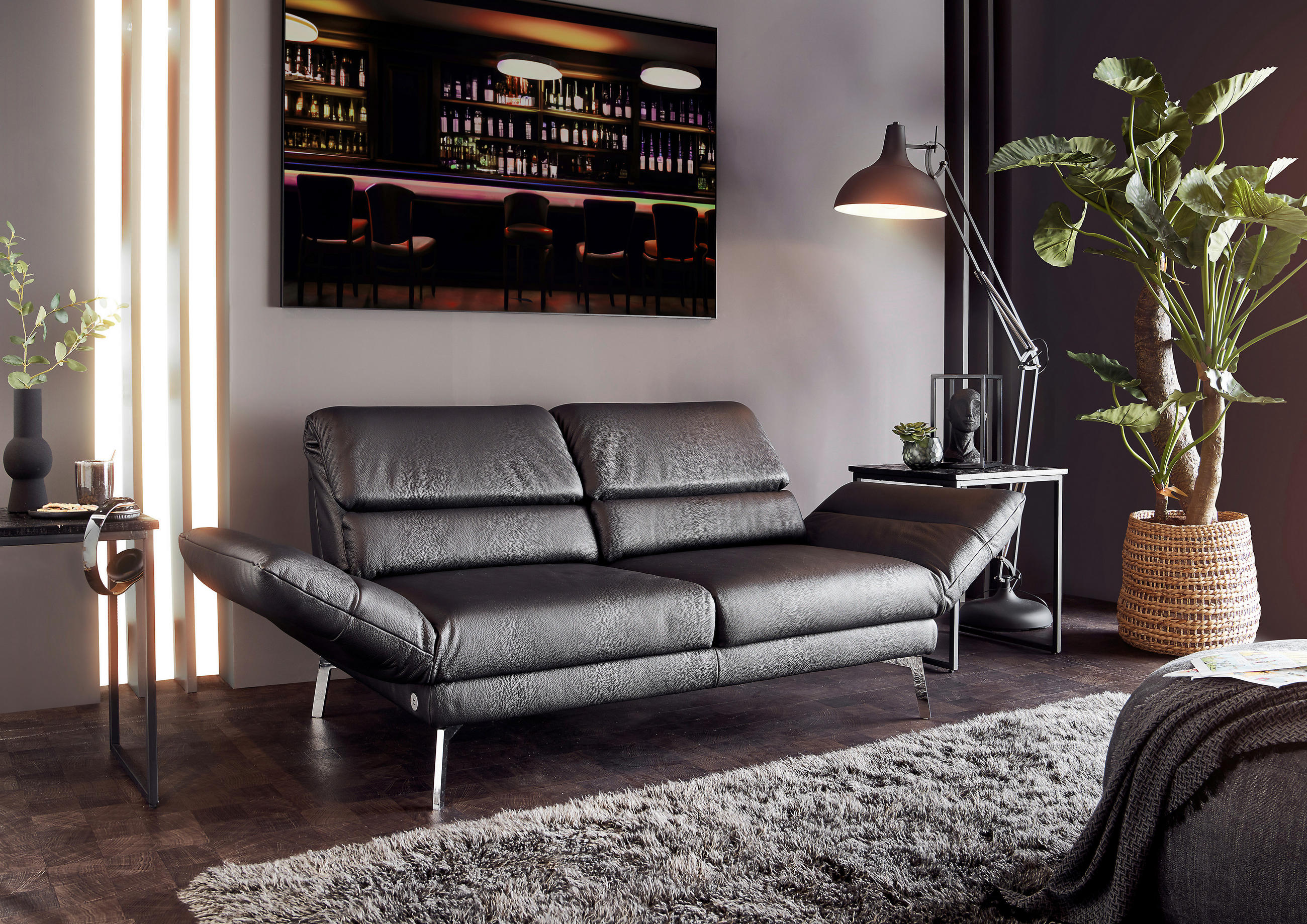 2-SITZER-SOFA Echtleder Schwarz  - Chromfarben/Schwarz, Design, Leder/Metall (178-226/82/96-177cm) - Dieter Knoll