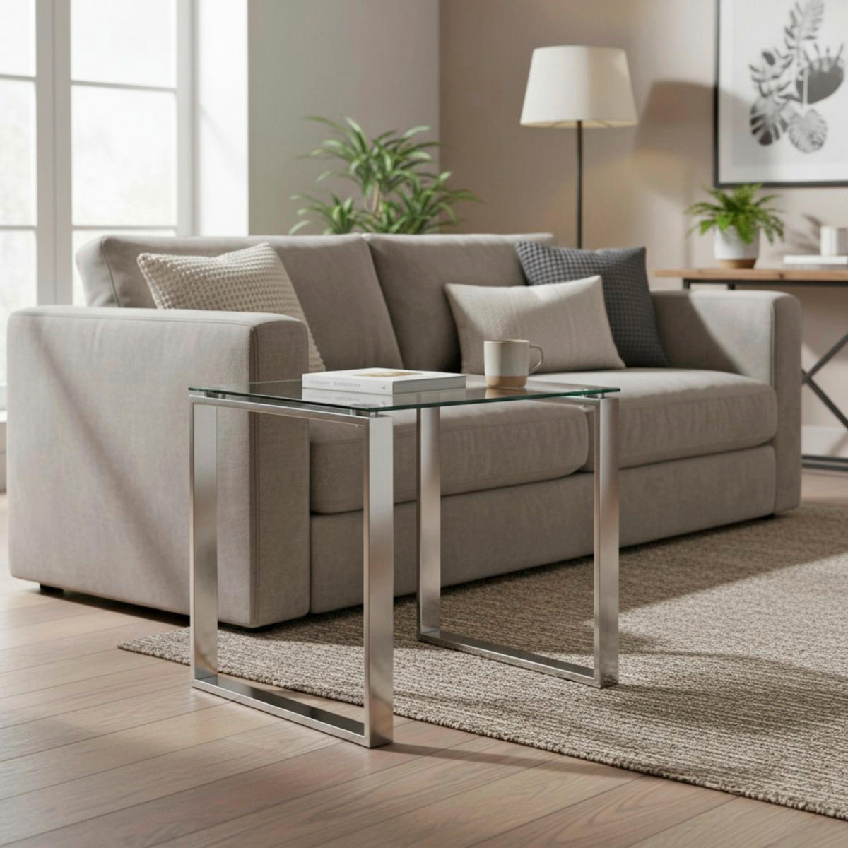 BEISTELLTISCH 55/55/55 cm Edelstahlfarben quadratisch  - Edelstahlfarben, Design, Glas/Metall (55/55/55cm)