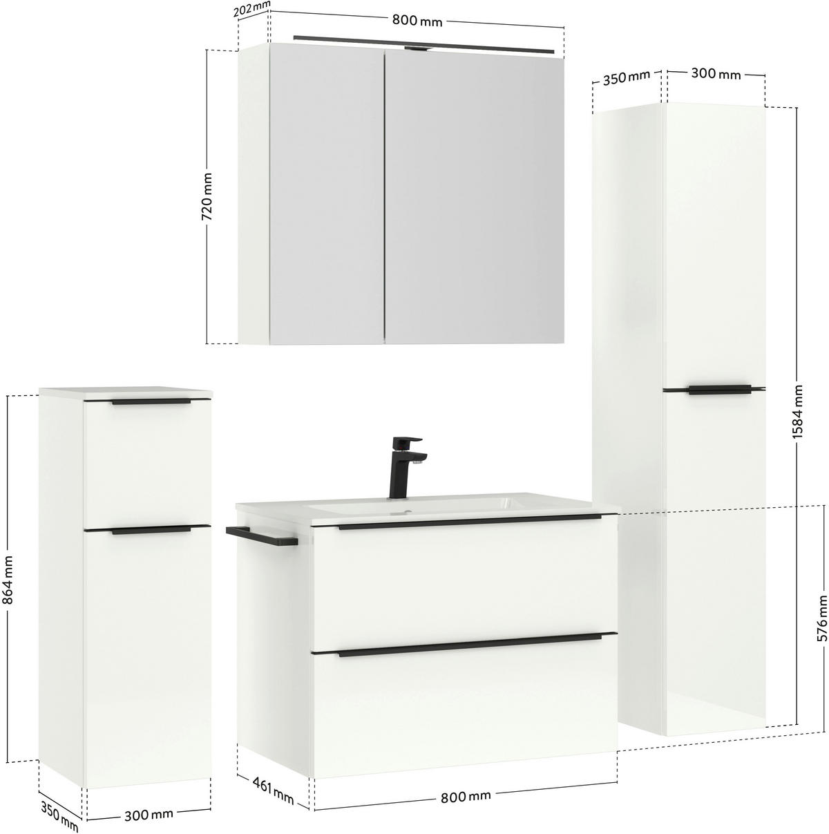 BADEZIMMER 5-teilig  in 141 cm  - Weiß Hochglanz/Schwarz, MODERN, Holzwerkstoff/Stein (141cm) - Nobilia