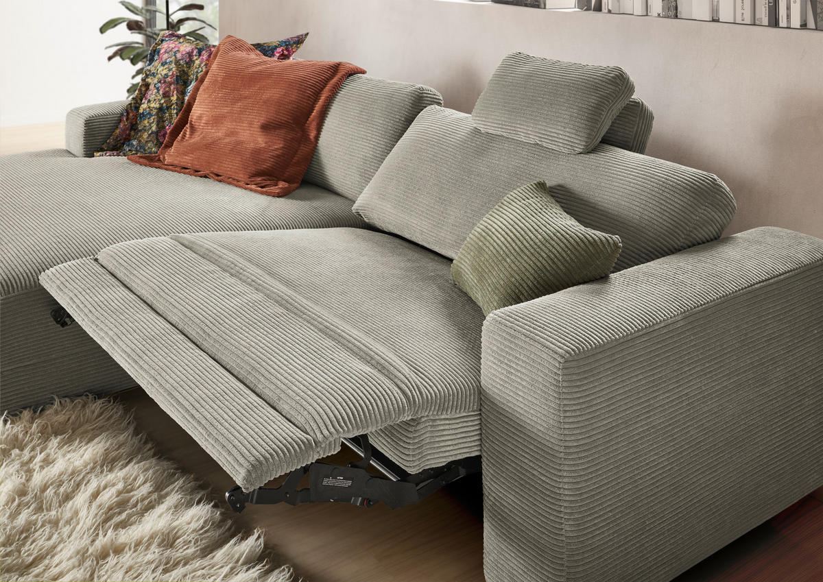 ECKSOFA inkl. Relaxfunktion in Cord Graubraun  - Graubraun/Schwarz, Design, Kunststoff/Textil (168/296cm) - Pure Home Lifestyle