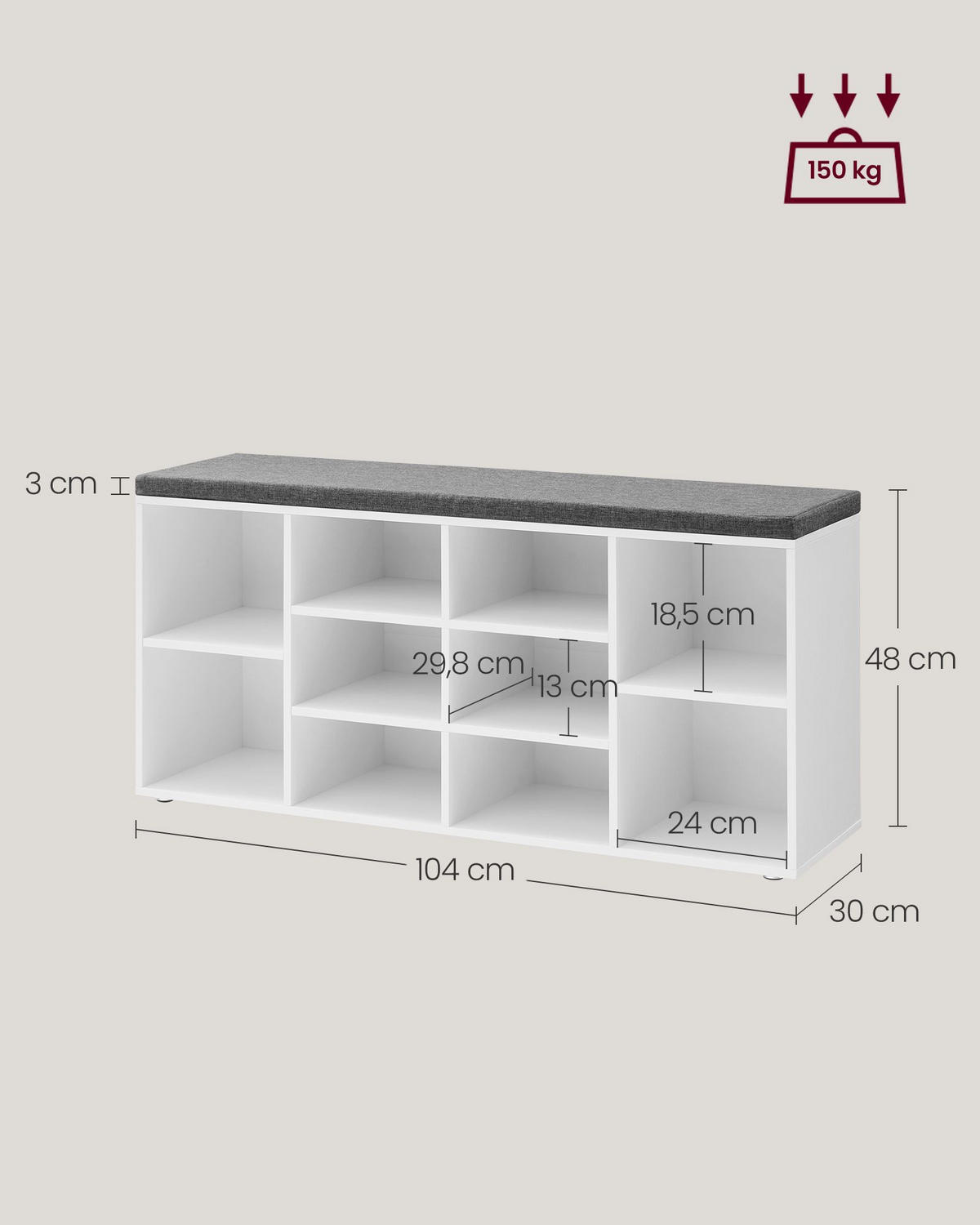 GARDEROBENBANK Vasagle  in 104/48/30 cm  - Weiß/Grau, Trend (104/48/30cm) - Boxxx