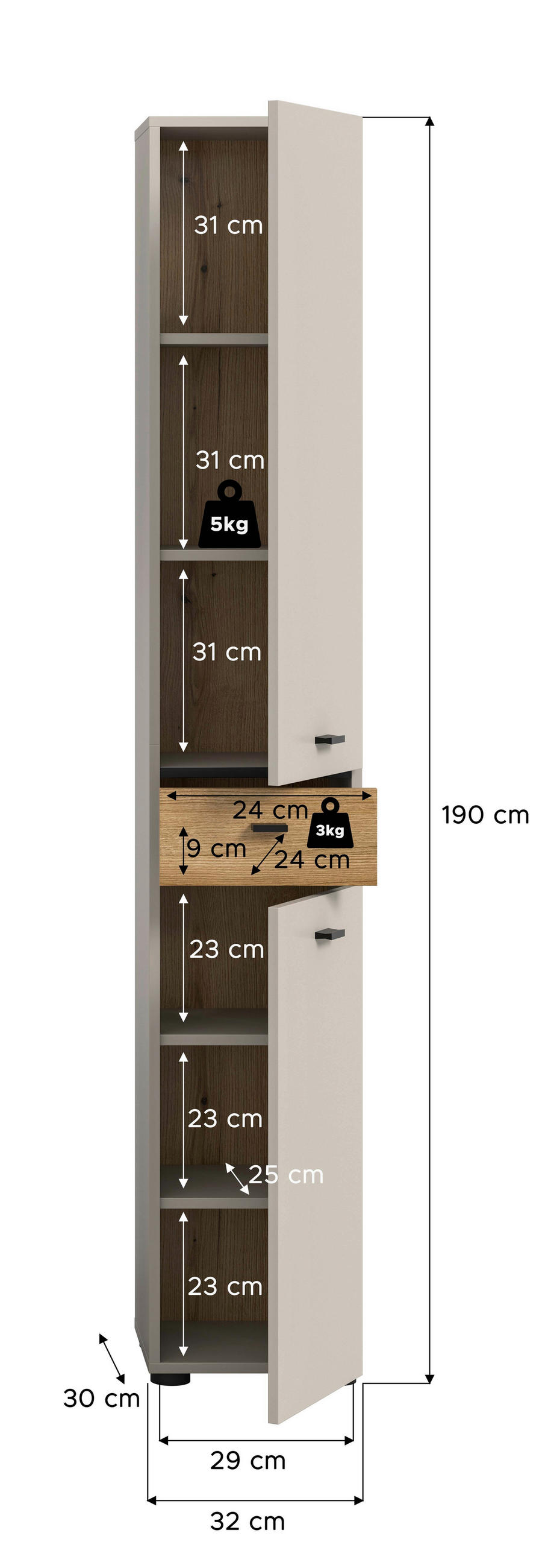 HOCHSCHRANK 32/191/30 cm  - Kaschmir/Eichefarben, Trend, Holzwerkstoff/Kunststoff (32/191/30cm) - MID.YOU