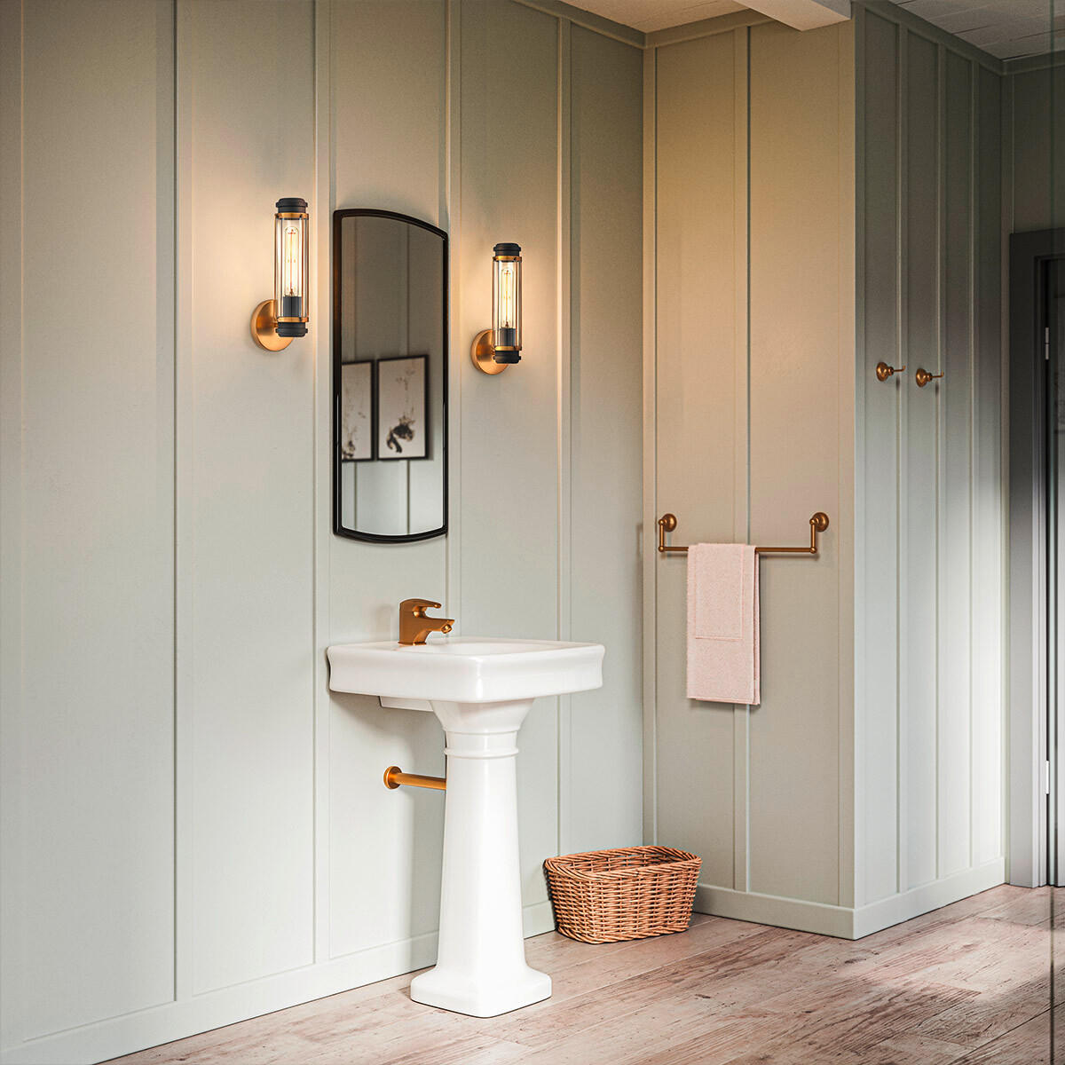 BADEZIMMER-WANDLEUCHTE - Messingfarben/Schwarz, Konventionell, Glas/Metall (35,1/12,2/12,8cm) - Elstead Lighting