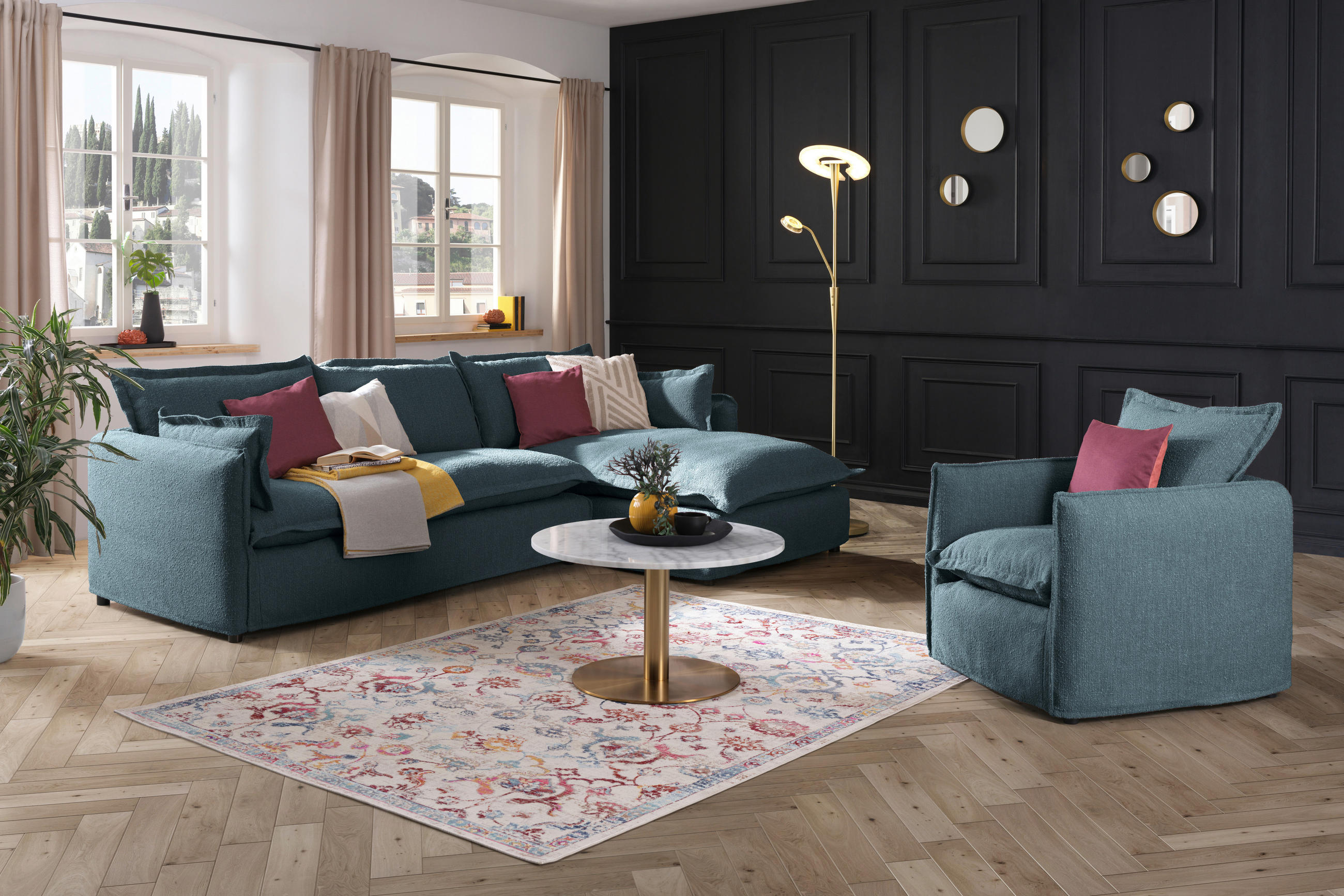 HUSSEN-ECKSOFA in Flachgewebe, Bouclé Blau - Blau/Schwarz, Trend, Textil/Metall (295/165cm) - Livetastic