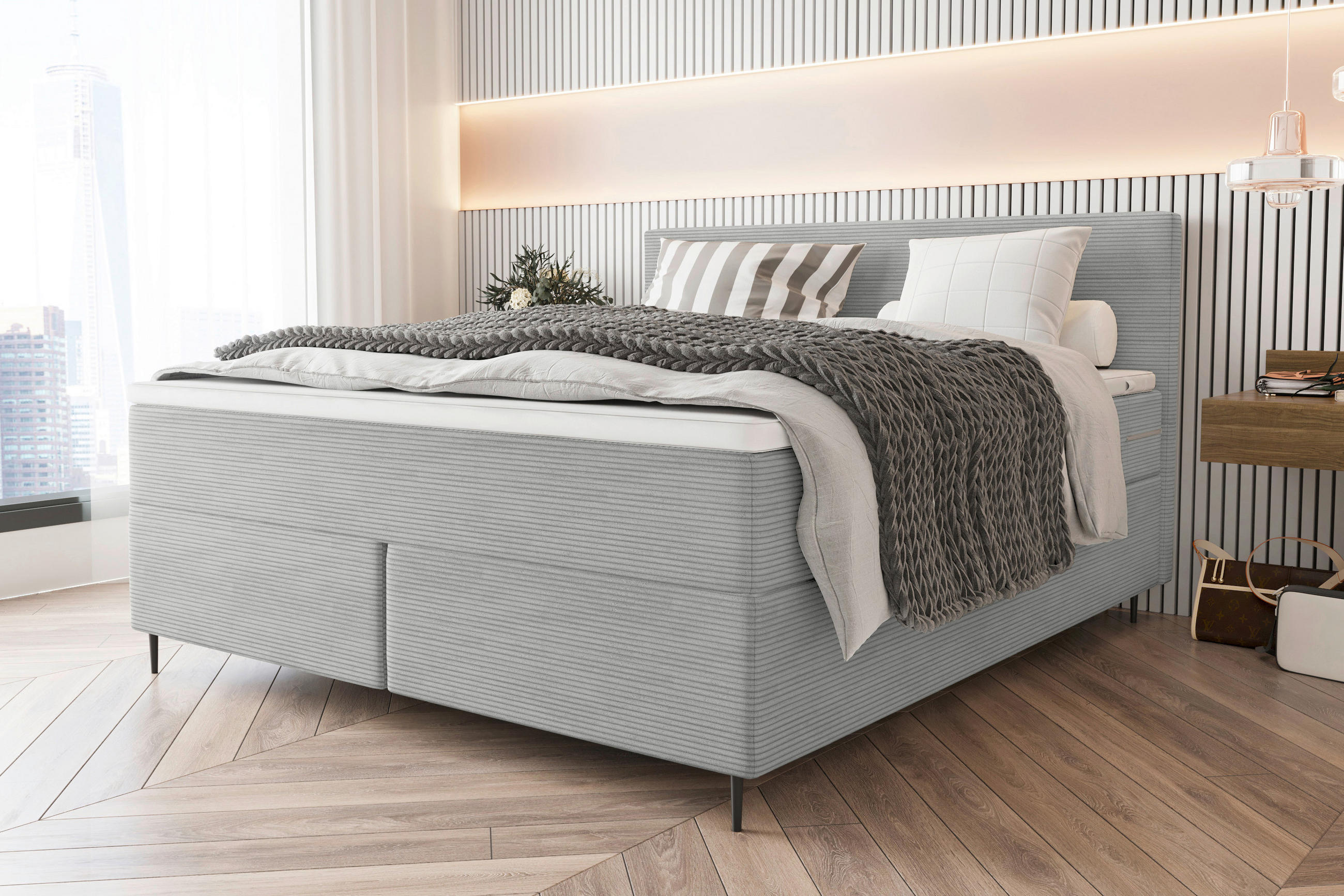 BOXSPRINGBETT 180/200 cm  in Hellgrau  - Hellgrau/Schwarz, Konventionell, Textil/Metall (180/200cm) - Carryhome