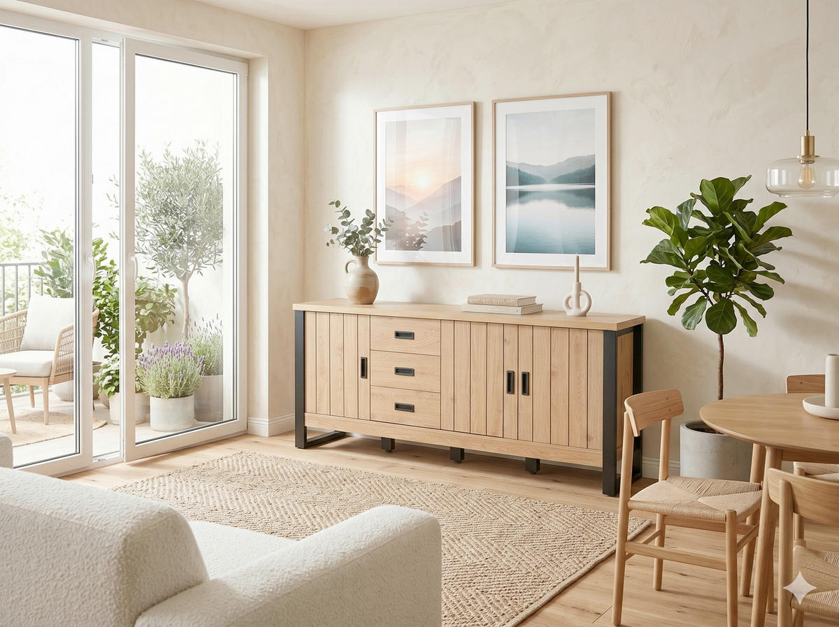 SIDEBOARD  173,4/75/39 cm 3 Schublade(n)  - Eichefarben/Schwarz, KONVENTIONELL, Holzwerkstoff/Metall (173,4/75/39cm) - MID.YOU