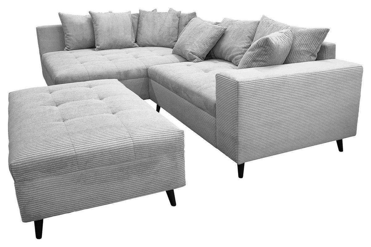 Ecksofa inkl. Hocker in Cord Hellgrau  - Hellgrau/Schwarz, Design, Holz/Textil (174/247cm) - MID.YOU