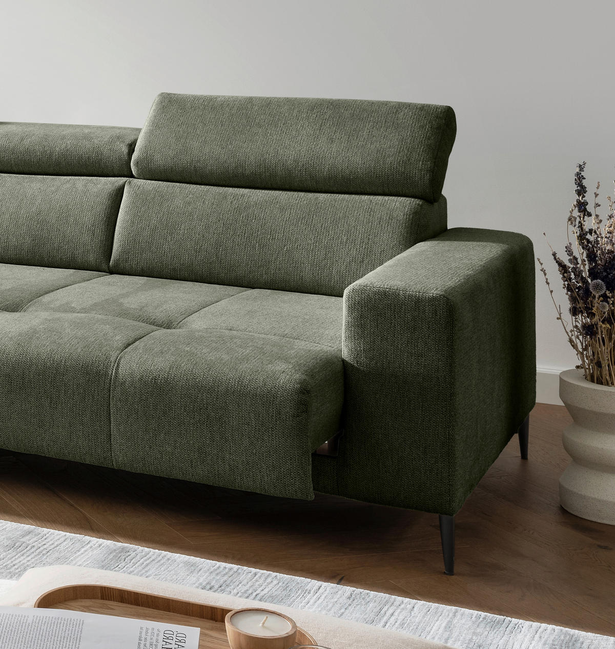 ECKSOFA INTERA Dunkelgrün Struktur Kopfteilverstellung, Sitzvorzug  - Dunkelgrün/Schwarz, KONVENTIONELL, Textil/Metall (225/305cm) - Livetastic