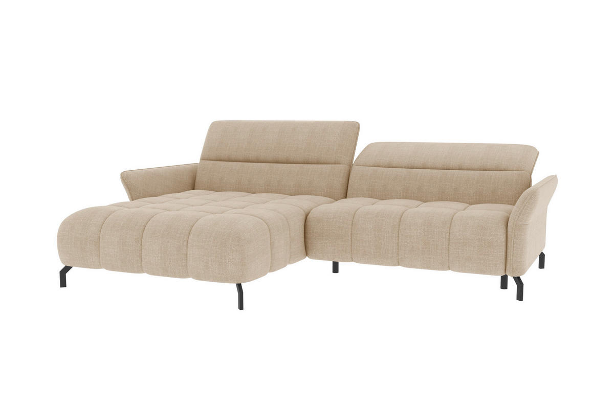 ECKSOFA Beige Flachgewebe Rücken echt, Kopfteilverstellung, Sitztiefenverstellung  - Beige/Schwarz, KONVENTIONELL, Textil/Metall (175/272cm) - Carryhome