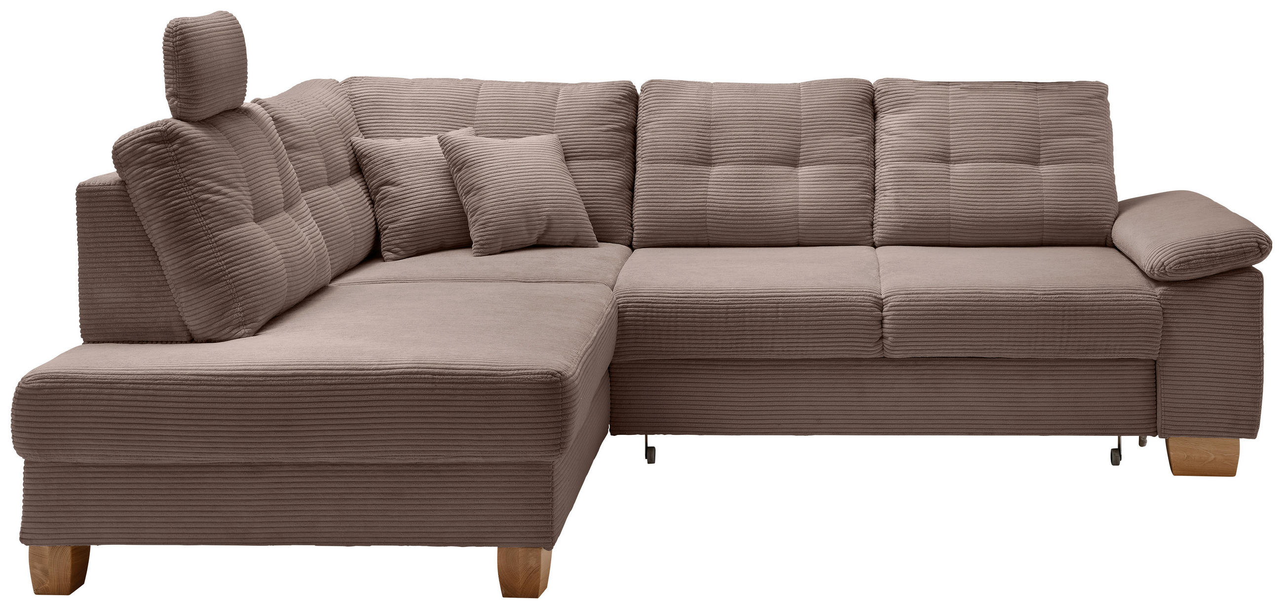 ECKSOFA Graubraun Cord Bettkasten, Schlaffunktion, Sitztiefenverstellung, Kopfstütze, Liegefläche im Originalstoff  - Graubraun/Naturfarben, MODERN, Holz/Textil (206/274cm) - Livetastic