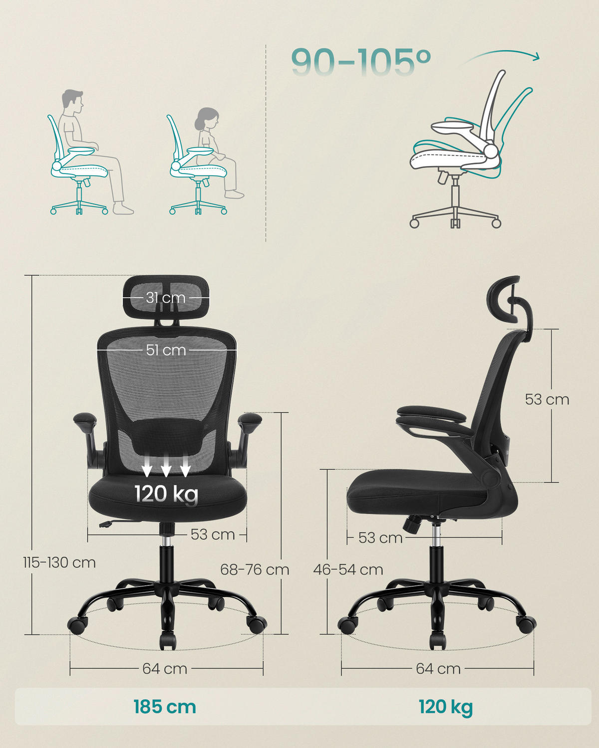 SCHREIBTISCHSTUHL - Hellrosa/Schwarz, Basics, Kunststoff/Textil (64/115-130/64cm) - Boxxx