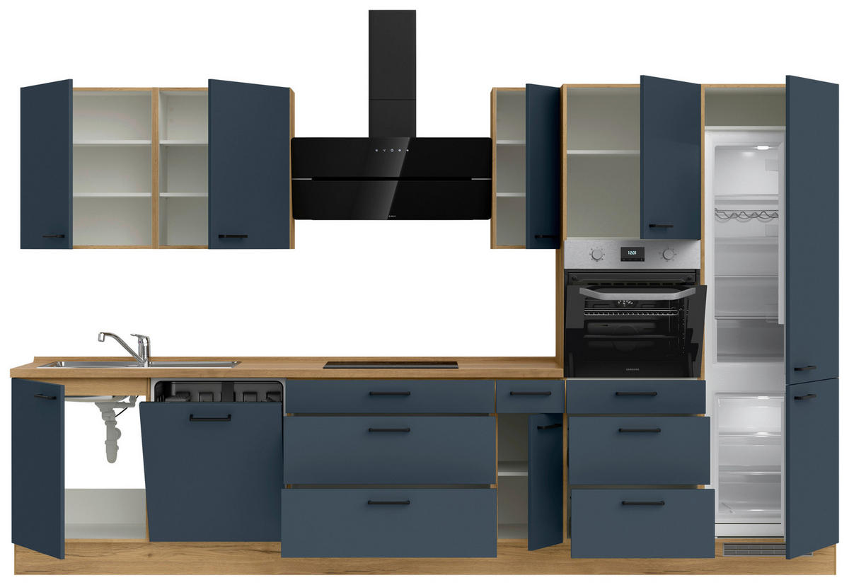KÜCHENBLOCK Easytouch 360 cm  in Eichefarben, Dunkelblau  - Eichefarben/Schwarz, MODERN, Holzwerkstoff/Metall (360cm) - Nobilia