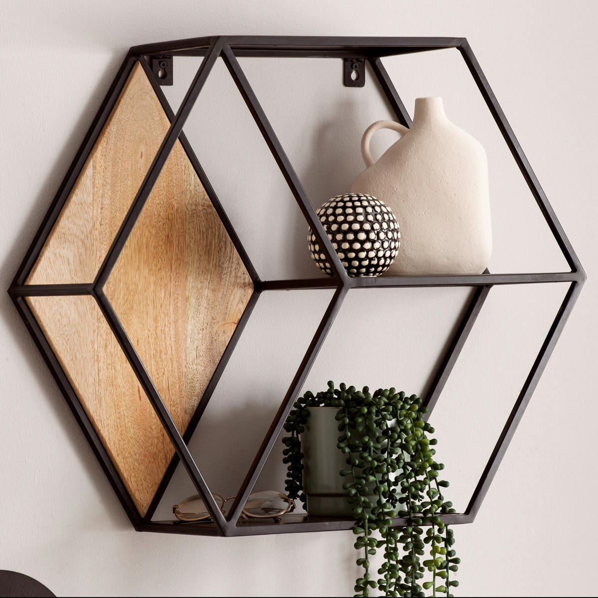 WANDREGAL Mangoholz massiv Braun, Schwarz  - Schwarz/Braun, LIFESTYLE, Holz/Metall (60/52/20cm) - MID.YOU