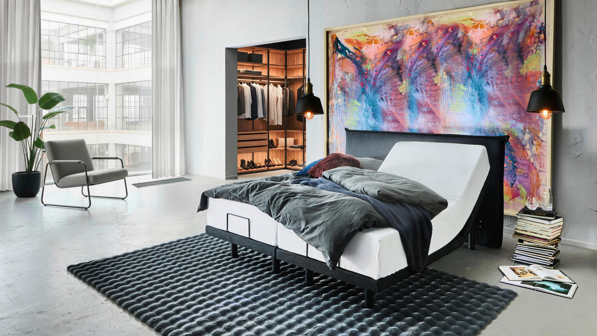 BOXBETT 180/200 cm,  in Graphitfarben, gepolstertes Kopfteil, Beleuchtung, Soundsystem, motorische Verstellbarkeit, Fernbedienung, Matratzen, Befestigungsmaterial, Unterbodenbeleuchtung, H3 = fest  - Schwarz/Graphitfarben, Design, Textil/Metall (180/200cm) - Chameo