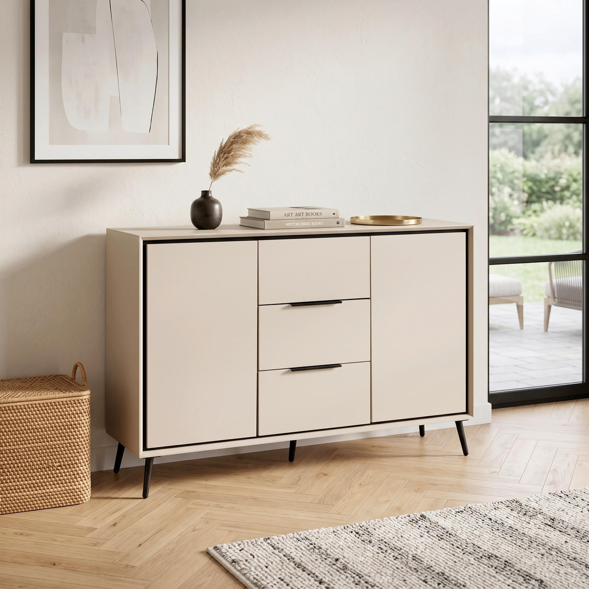 KOMMODE , 135/90/38 cm, 3 Schublade(n)  - Sandfarben/Schwarz, KONVENTIONELL, Holzwerkstoff/Kunststoff (135/90/38cm) - Livetastic