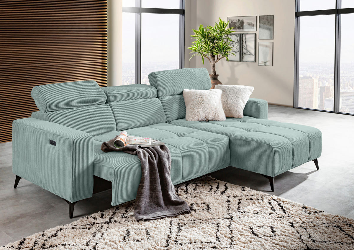 ECKSOFA Olivgrün Cord Rücken echt, Kopfteilverstellung, Sitzvorzug  - Schwarz/Olivgrün, KONVENTIONELL, Textil/Metall (257/170cm) - Carryhome