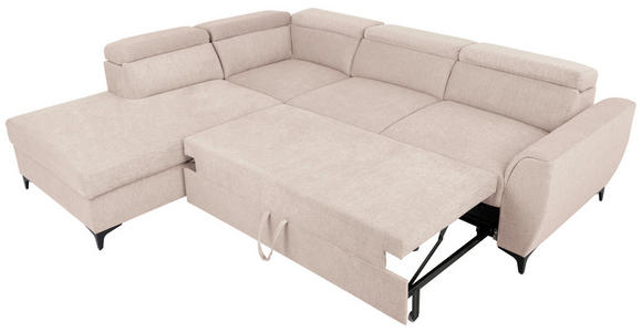 ECKSOFA Creme Velours Bettkasten, Schlaffunktion, Rücken echt, Kopfteilverstellung, Liegefläche im Originalstoff  - Creme/Schwarz, KONVENTIONELL, Textil/Metall (217/255cm) - Carryhome