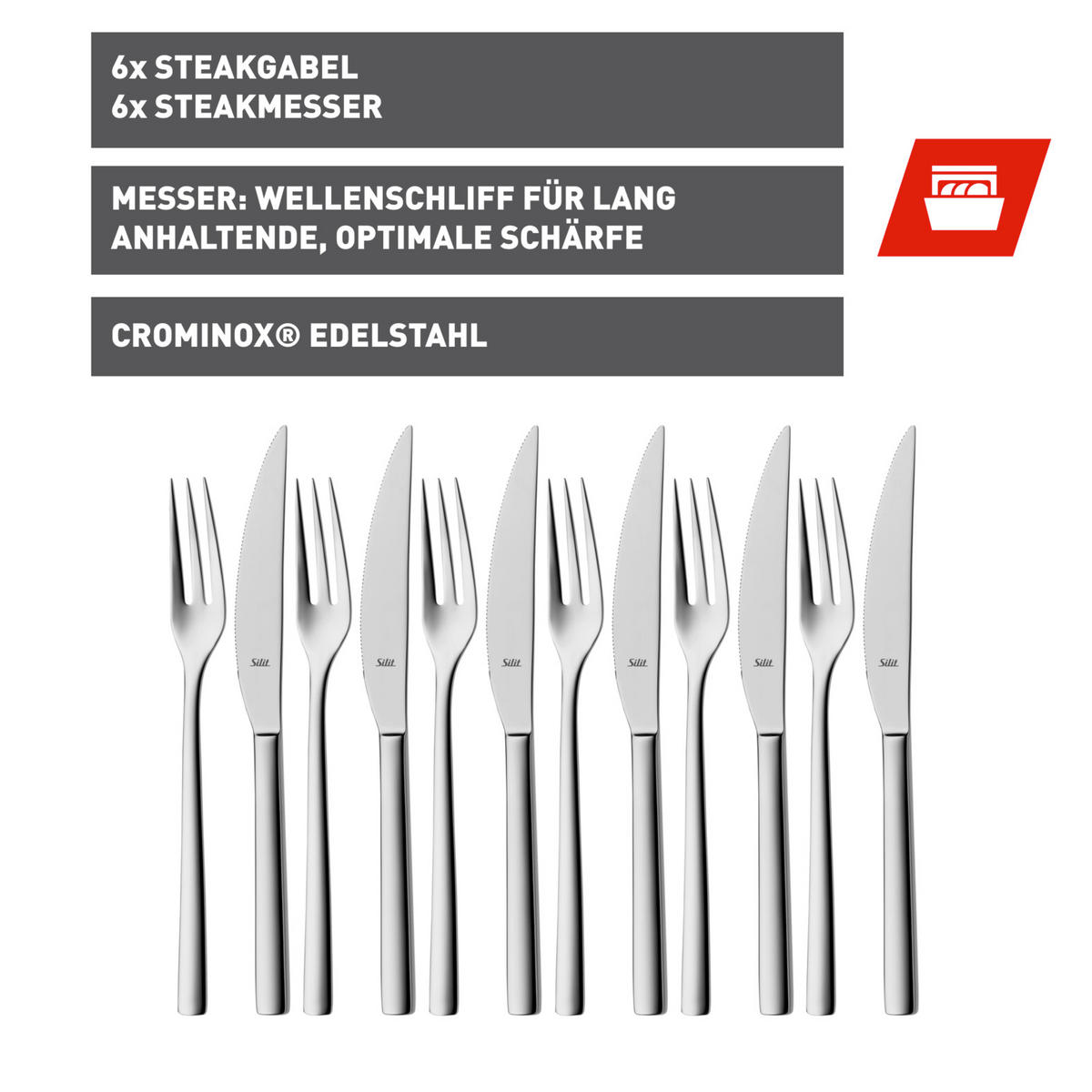 STEAKBESTECK 12-teilig  - Edelstahlfarben, Basics, Metall (24,2/20,5/4cm) - Silit