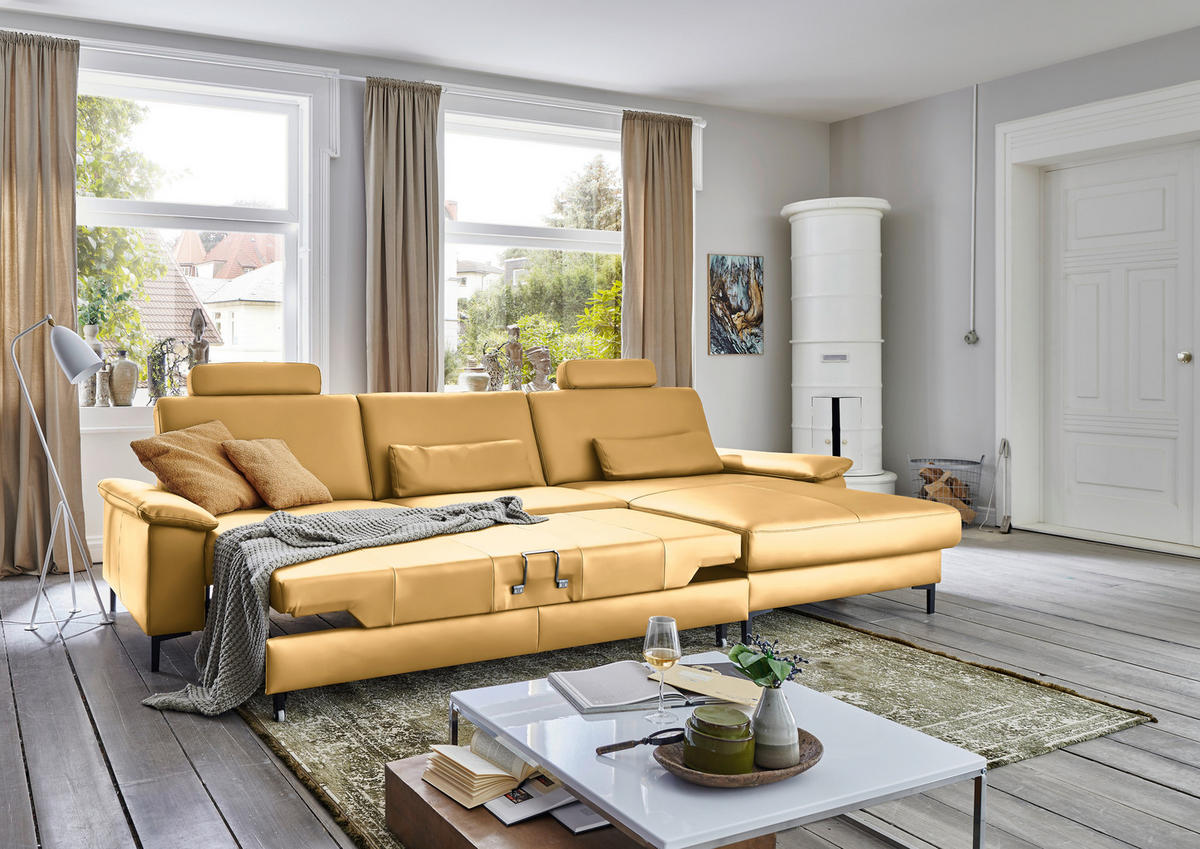 ECKSOFA in Echtleder Gelb  - Gelb/Schwarz, Design, Leder/Metall (334/176cm) - Dieter Knoll