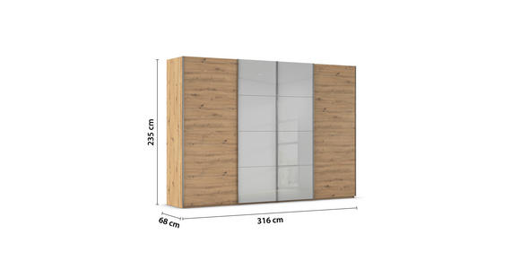 SCHWEBETÜRENSCHRANK 316/235/68 cm 4-türig Grau, Eiche Artisan - Chromfarben/Eiche Artisan, KONVENTIONELL, Glas/Holzwerkstoff (316/235/68cm) - Novel