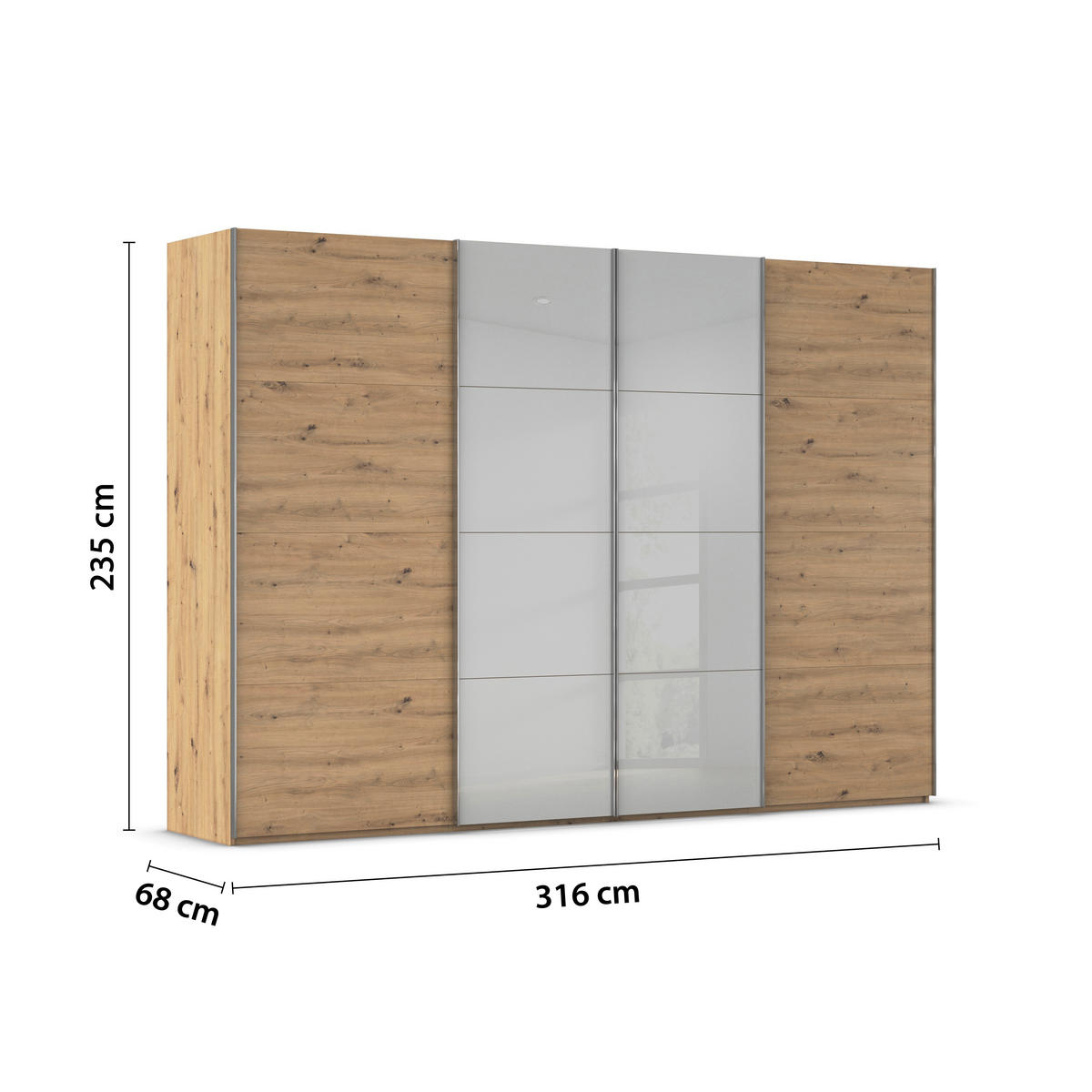 SCHWEBETÜRENSCHRANK 316/235/68 cm 4-türig Grau, Eiche Artisan  - Chromfarben/Eiche Artisan, KONVENTIONELL, Glas/Holzwerkstoff (316/235/68cm) - Novel