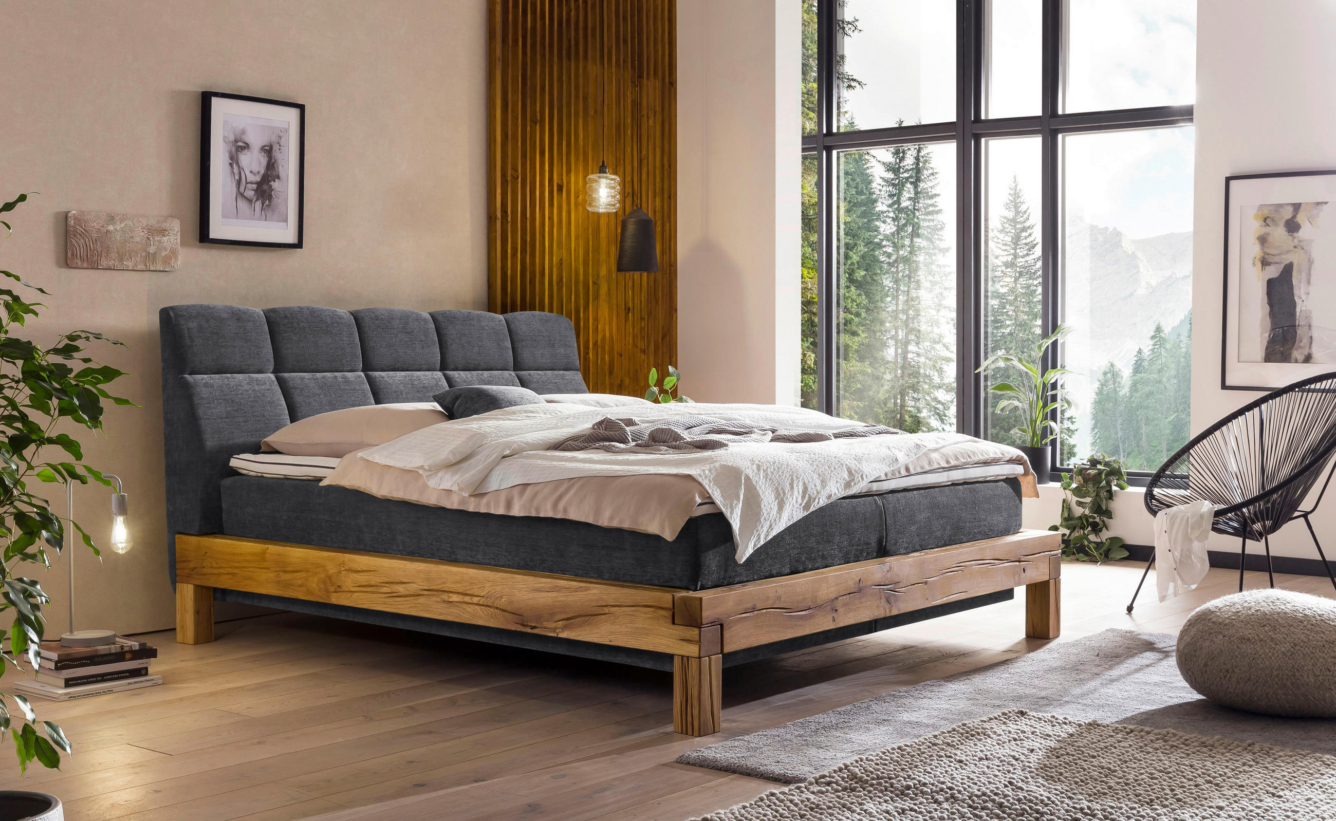 BOXSPRINGBETT 180/200 cm  in Anthrazit  - Anthrazit/Buchefarben, Natur, Holz/Textil (180/200cm) - Livetastic