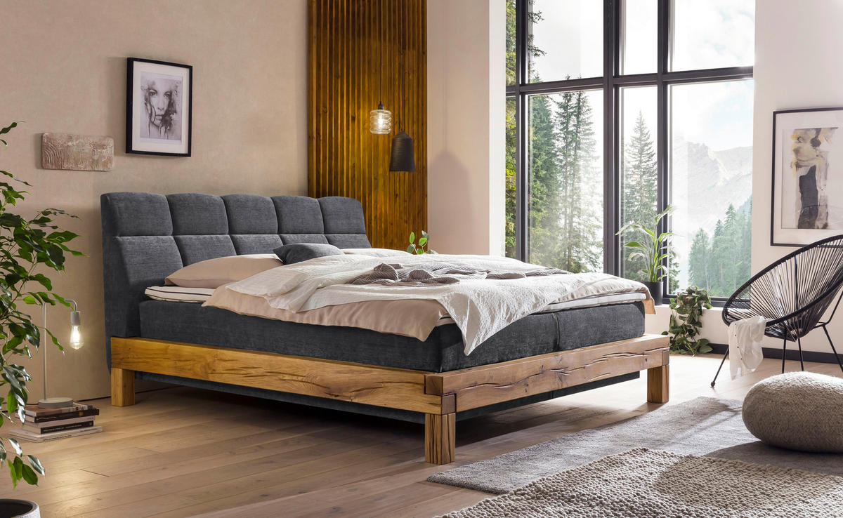 BOXSPRINGBETT 180/200 cm  in Anthrazit  - Anthrazit/Buchefarben, Natur, Holz/Textil (180/200cm) - Livetastic