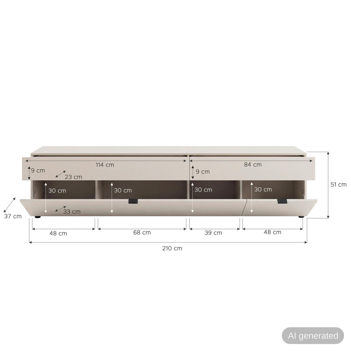LOWBOARD  210/51/37 cm  - Kaschmir/Schwarz, Design, Holzwerkstoff/Kunststoff (210/51/37cm) - MID.YOU