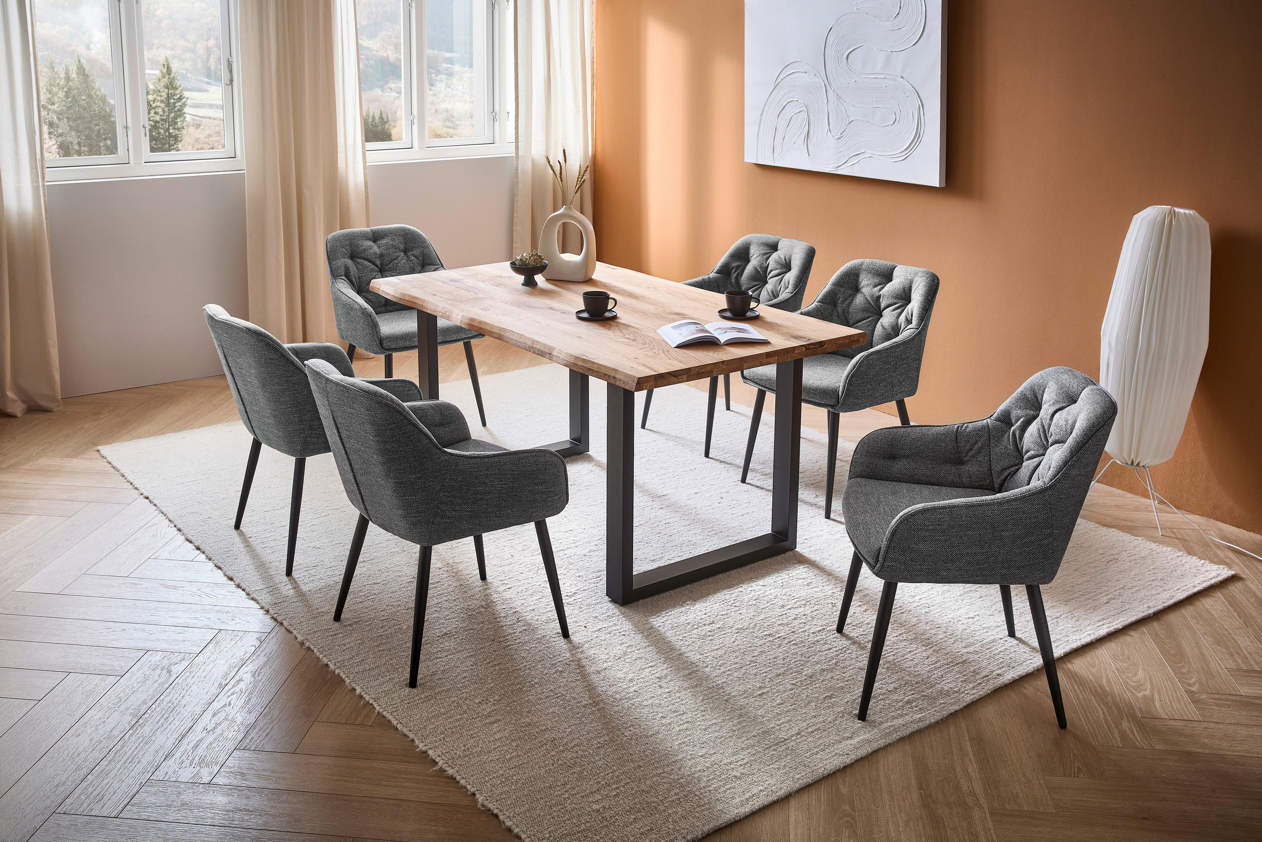ESSTISCH Eiche vollmassiv rechteckig Eichefarben, Schwarz  - Eichefarben/Schwarz, Design, Holz/Metall (160/90/76cm) - home24
