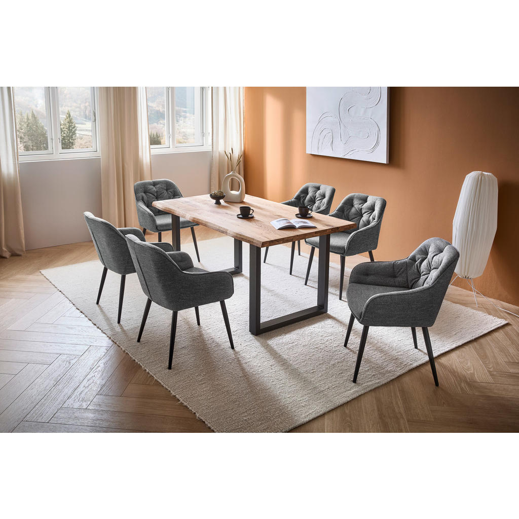 Thumbnail - home24 Esstisch, Eiche, Schwarz, Holz, Metall, Eiche, vollmassiv, rechteckig, Kufe, 90x76x160 cm, Esszimmer, Tische, Ess...