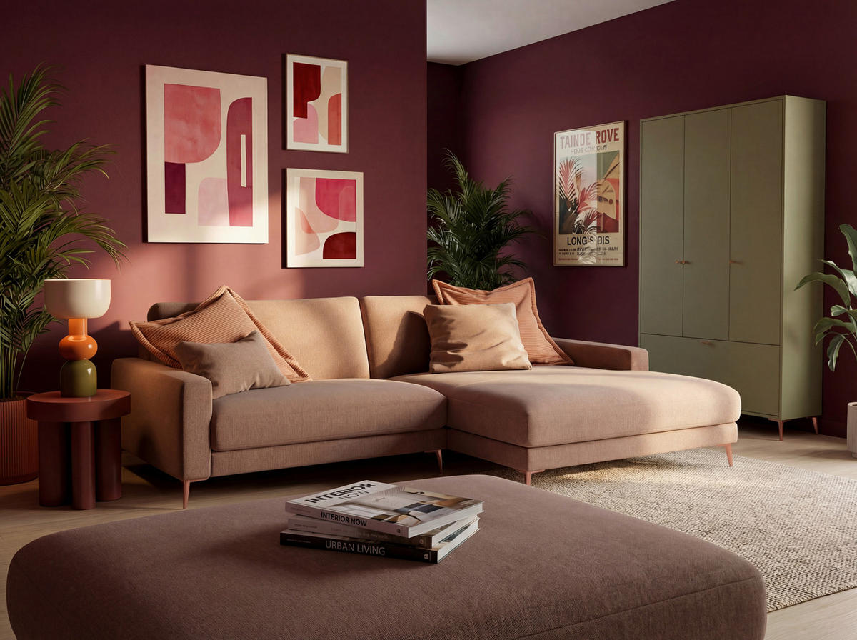 ECKSOFA  in Flachgewebe Hellrosa  272/190 cm  - Hellrosa/Rosa, Design, Textil/Metall (272/190cm) - Lomoco